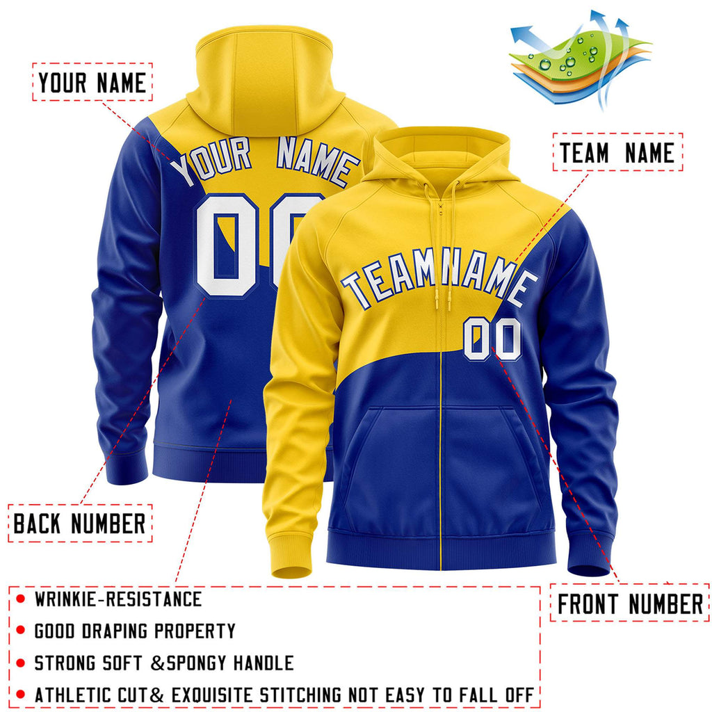 Custom Gold Royal Color Block Varsity Full-Zip Letterman Wave Jacket Hoodie