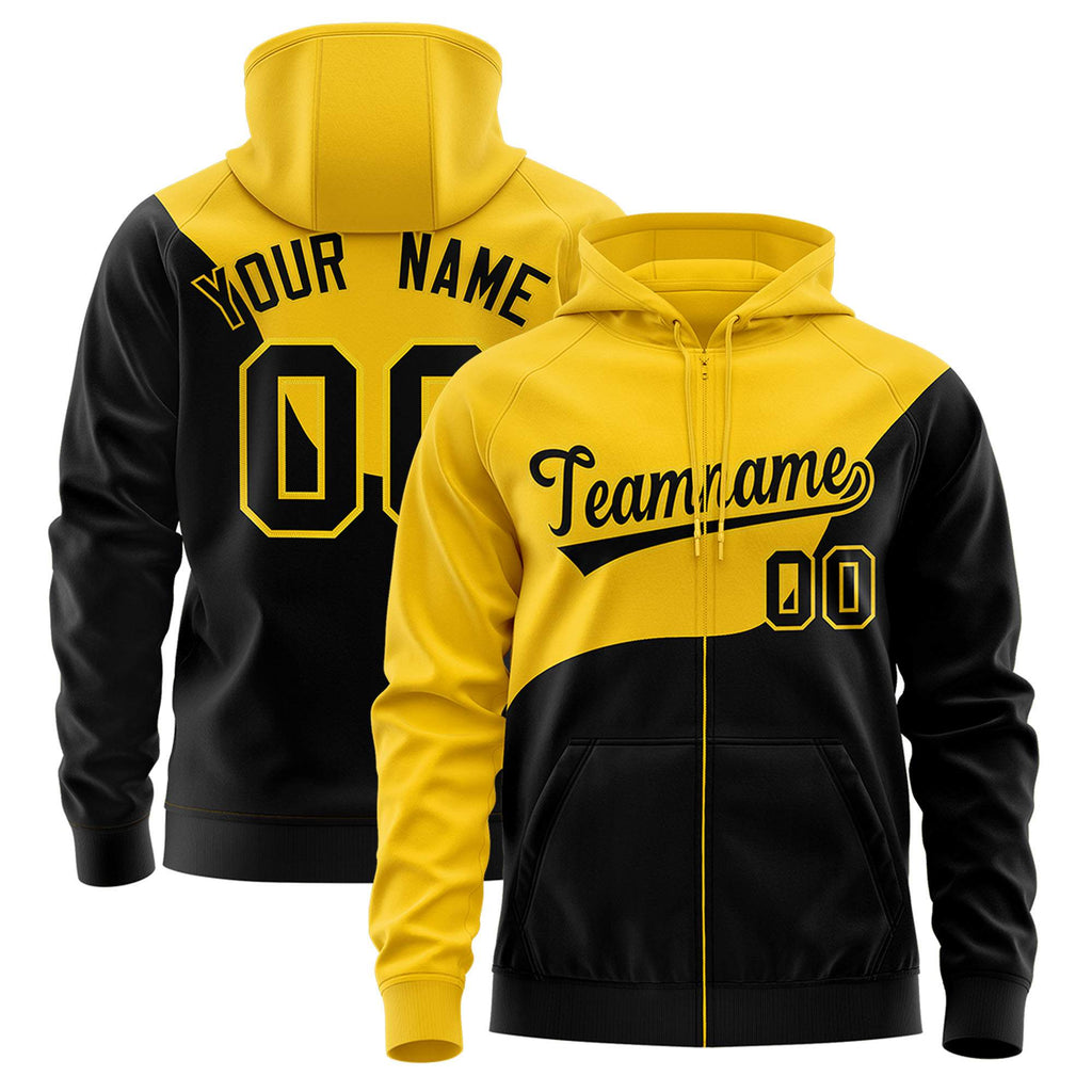 Custom Gold Black Color Block Varsity Full-Zip Letterman Wave Jacket Hoodie