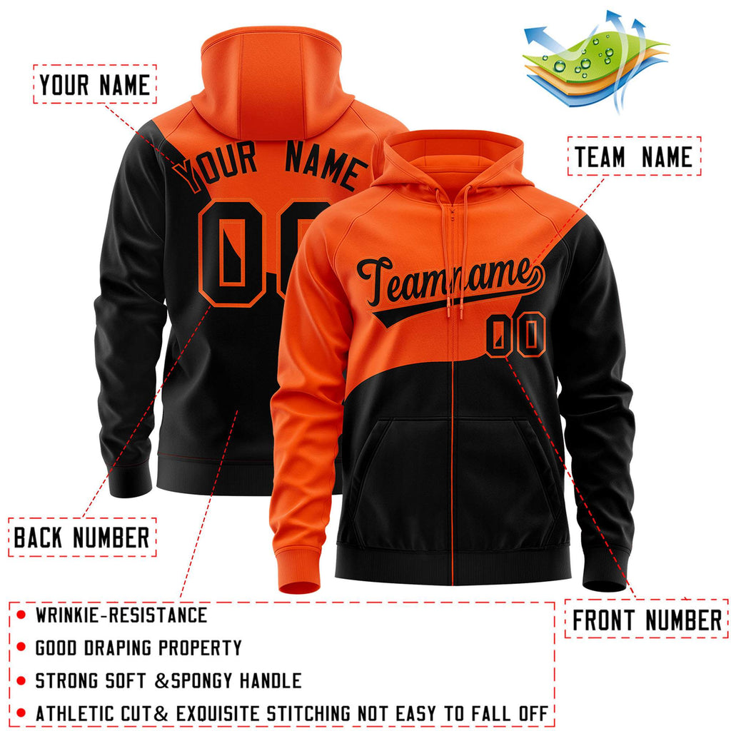 Custom Orange Black Color Block Varsity Full-Zip Letterman Wave Jacket Hoodie