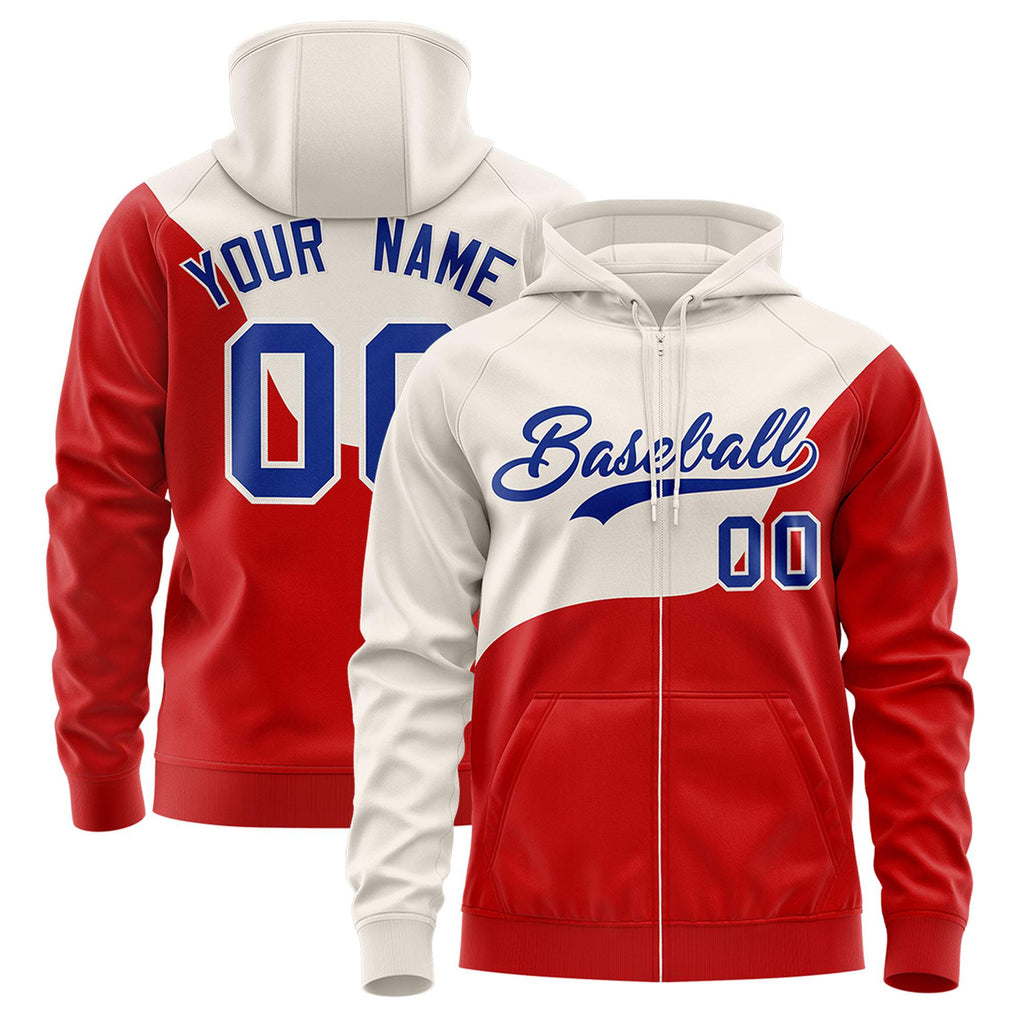 Custom Cream Red Color Block Varsity Full-Zip Letterman Wave Jacket Hoodie