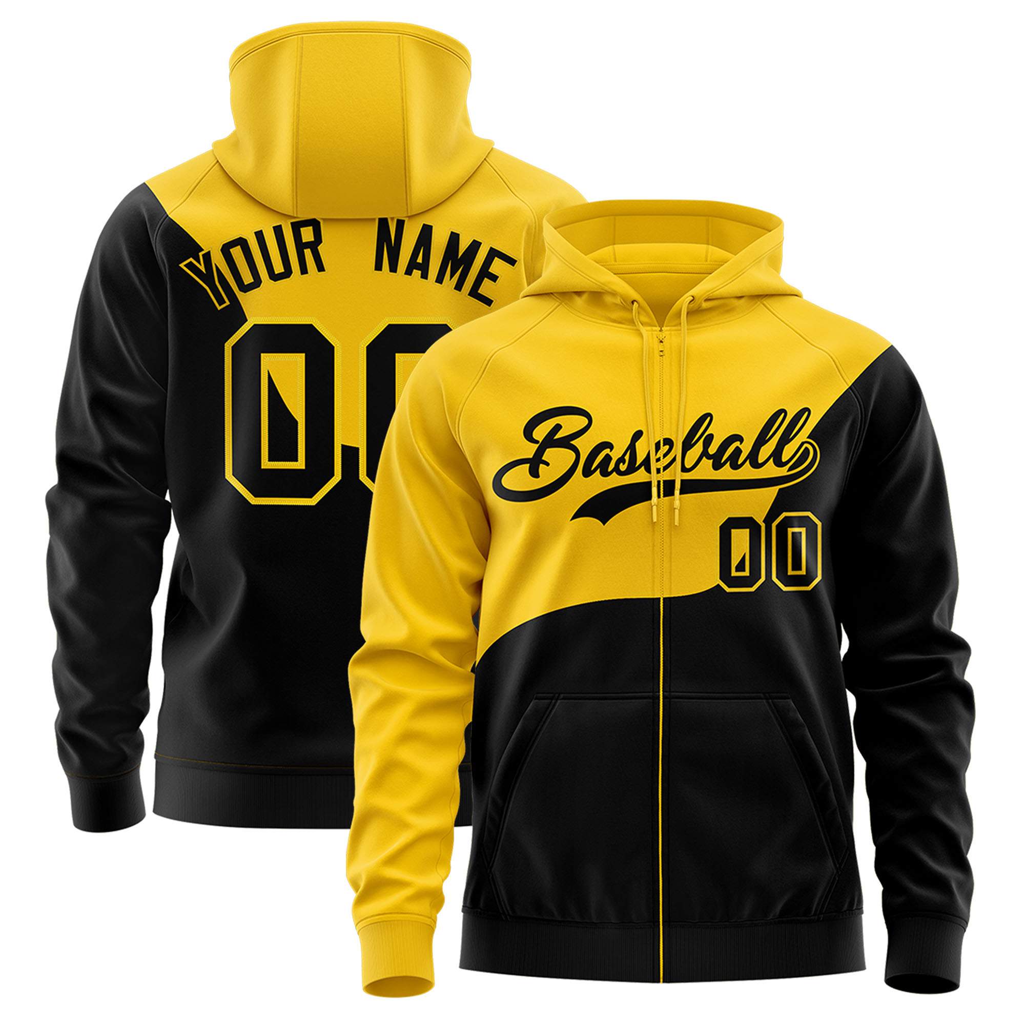 Custom Gold Black Color Block Varsity Full-Zip Letterman Wave Jacket Hoodie