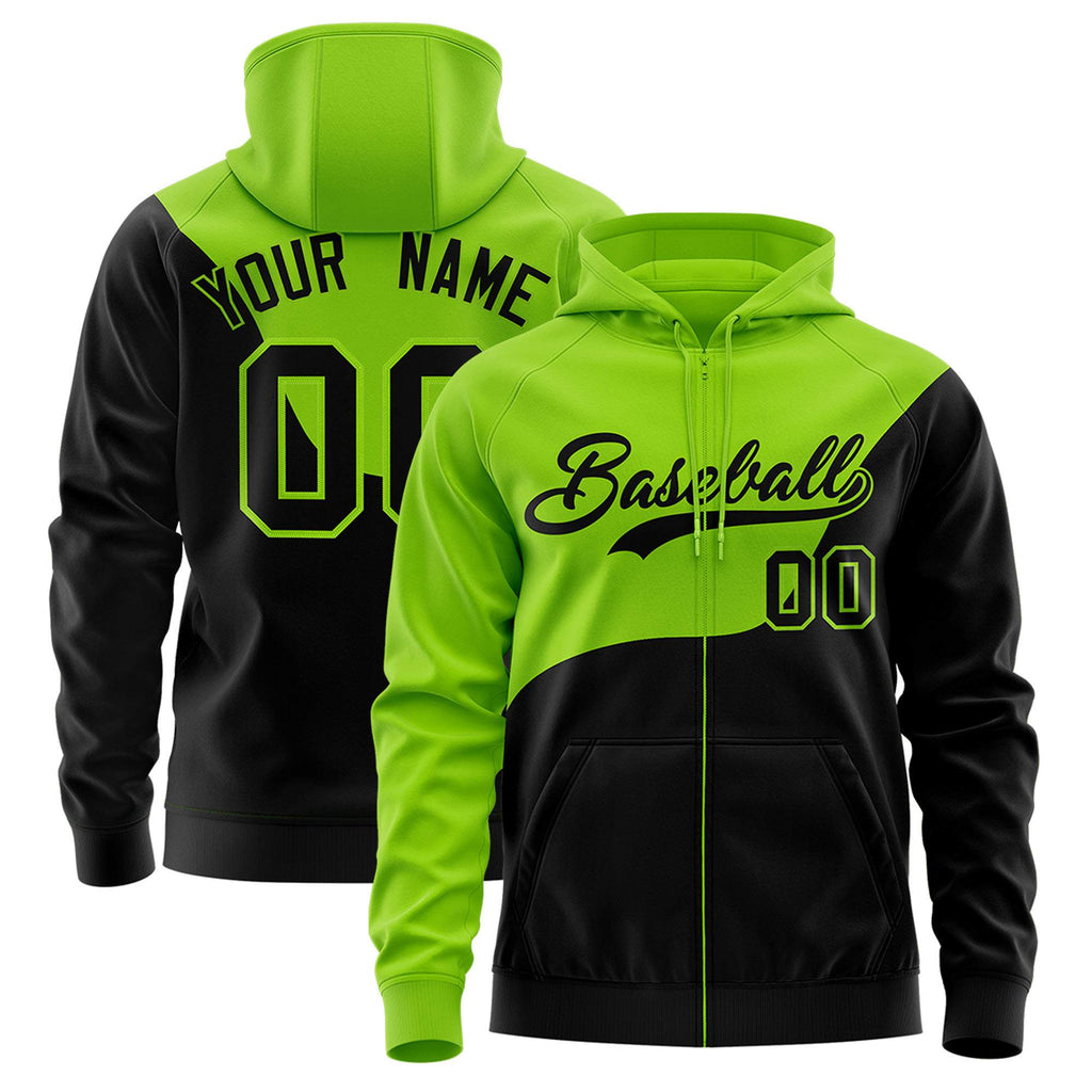 Custom Neon Green Black Color Block Varsity Full-Zip Letterman Wave Jacket Hoodie