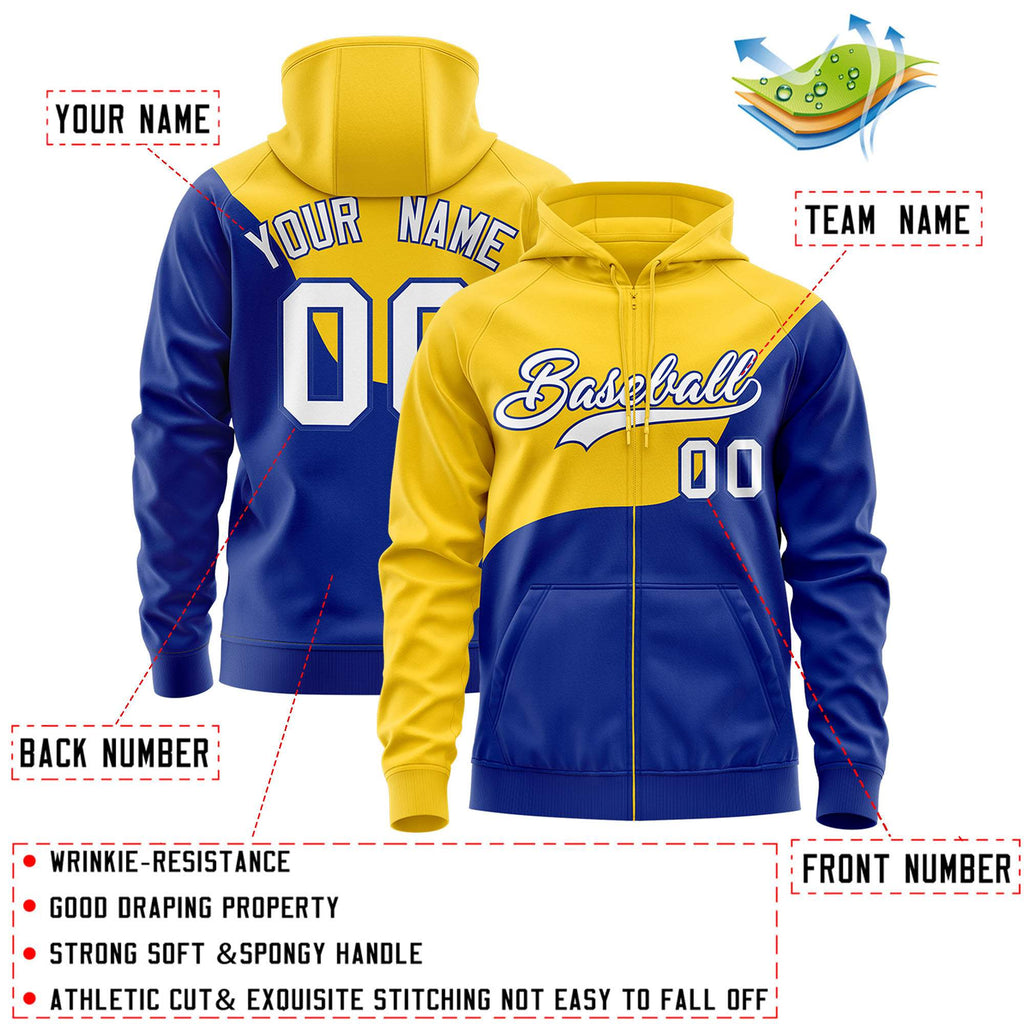 Custom Gold Royal Color Block Varsity Full-Zip Letterman Wave Jacket Hoodie