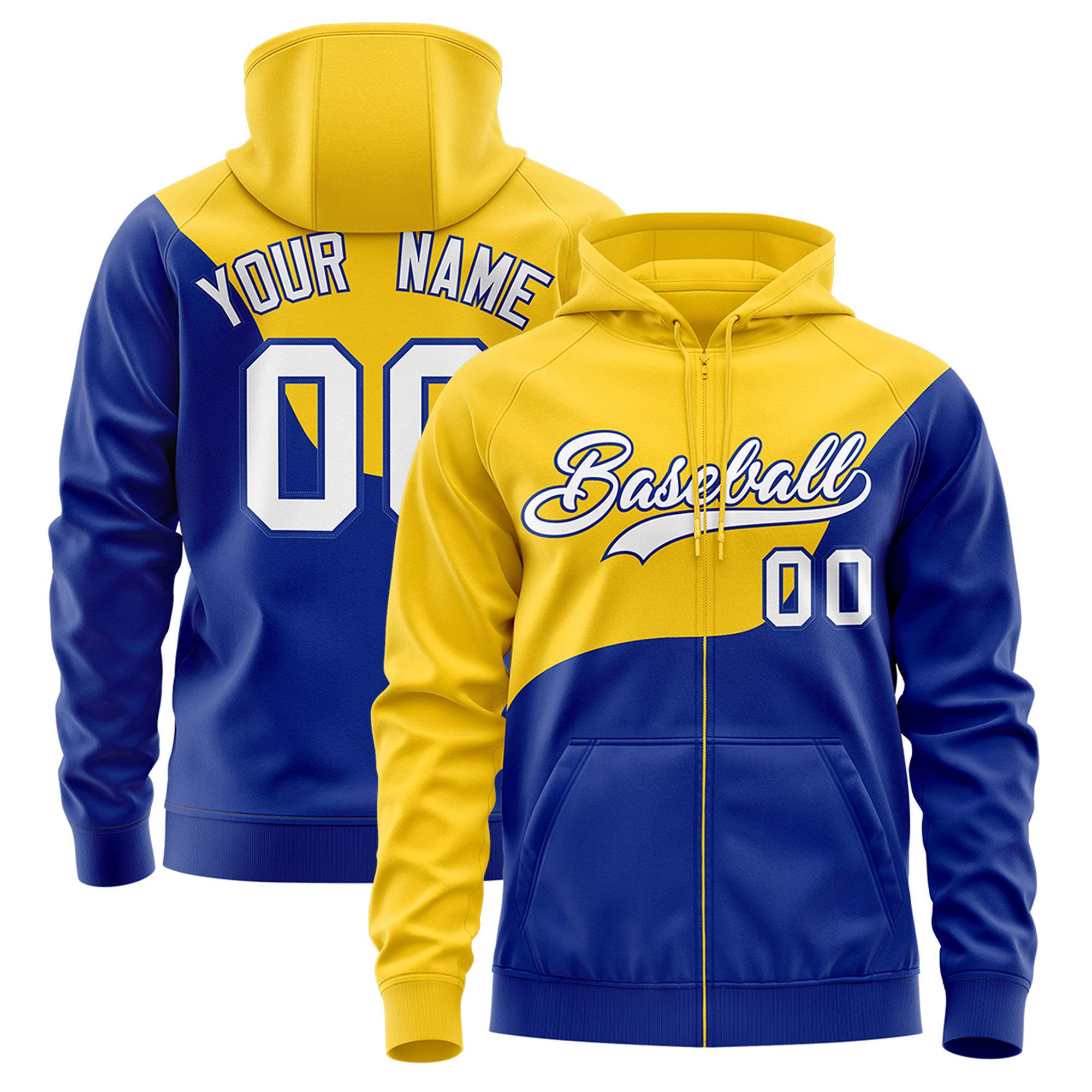 Custom Gold Royal Color Block Varsity Full-Zip Letterman Wave Jacket Hoodie