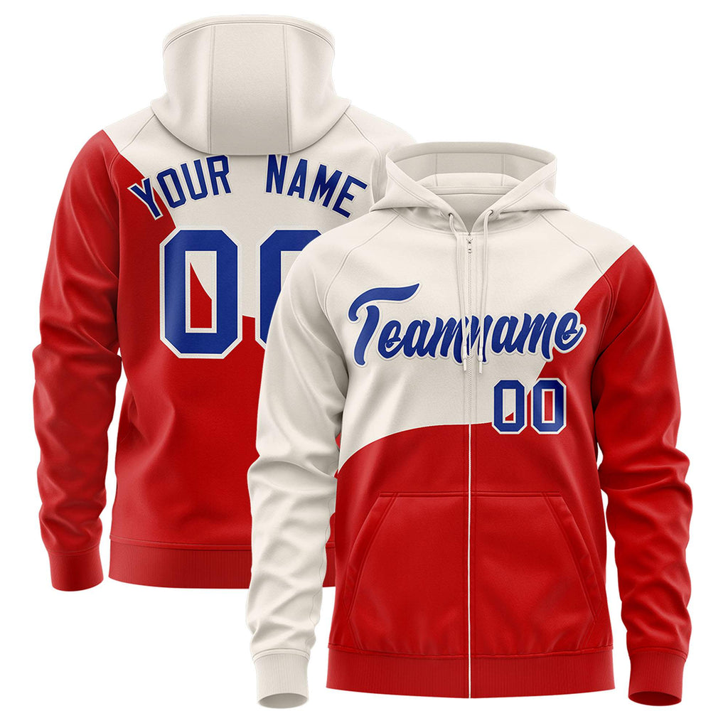 Custom Cream Red Color Block Varsity Full-Zip Letterman Wave Jacket Hoodie