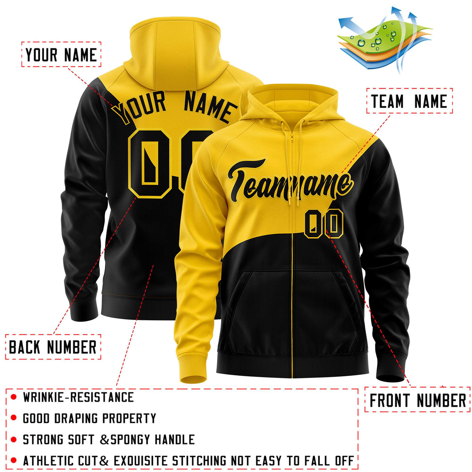 Custom Gold Black Color Block Varsity Full-Zip Letterman Wave Jacket Hoodie