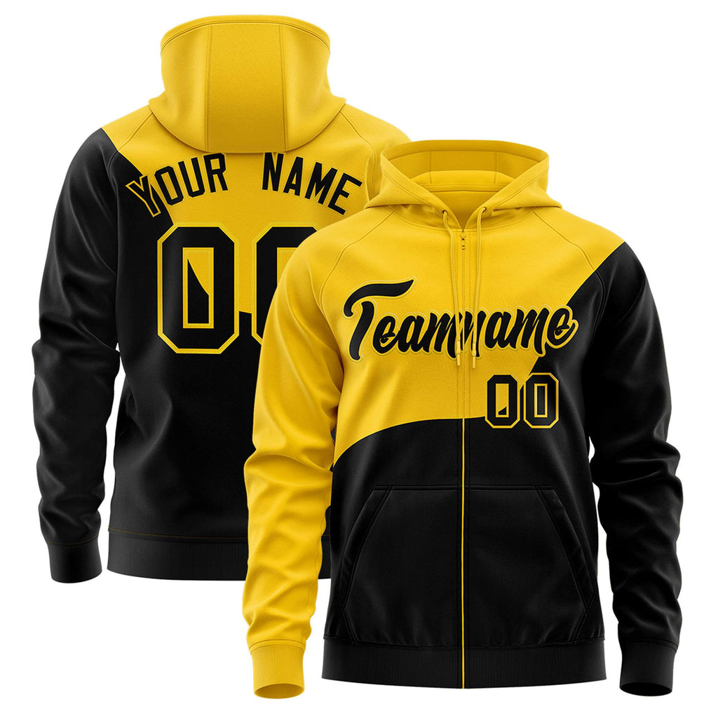 Custom Gold Black Color Block Varsity Full-Zip Letterman Wave Jacket Hoodie