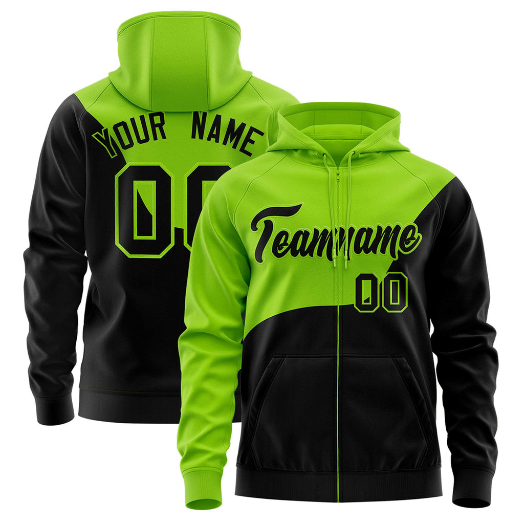 Custom Neon Green Black Color Block Varsity Full-Zip Letterman Wave Jacket Hoodie