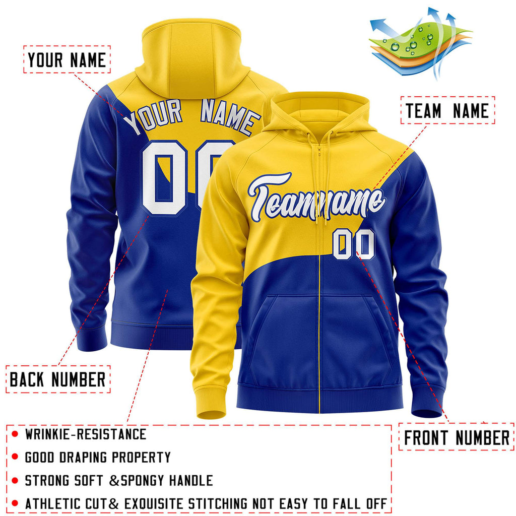 Custom Gold Royal Color Block Varsity Full-Zip Letterman Wave Jacket Hoodie