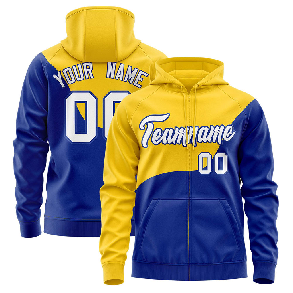 Custom Gold Royal Color Block Varsity Full-Zip Letterman Wave Jacket Hoodie