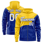 Custom Gold Royal Color Block Varsity Full-Zip Letterman Wave Jacket Hoodie