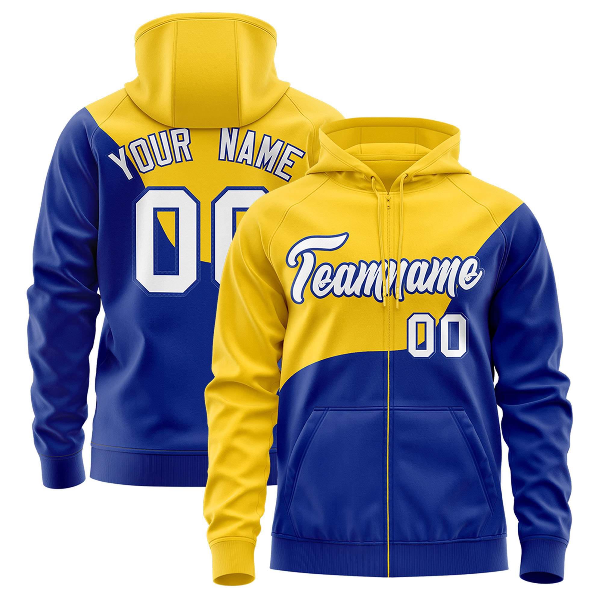 Custom Gold Royal Color Block Varsity Full-Zip Letterman Wave Jacket Hoodie