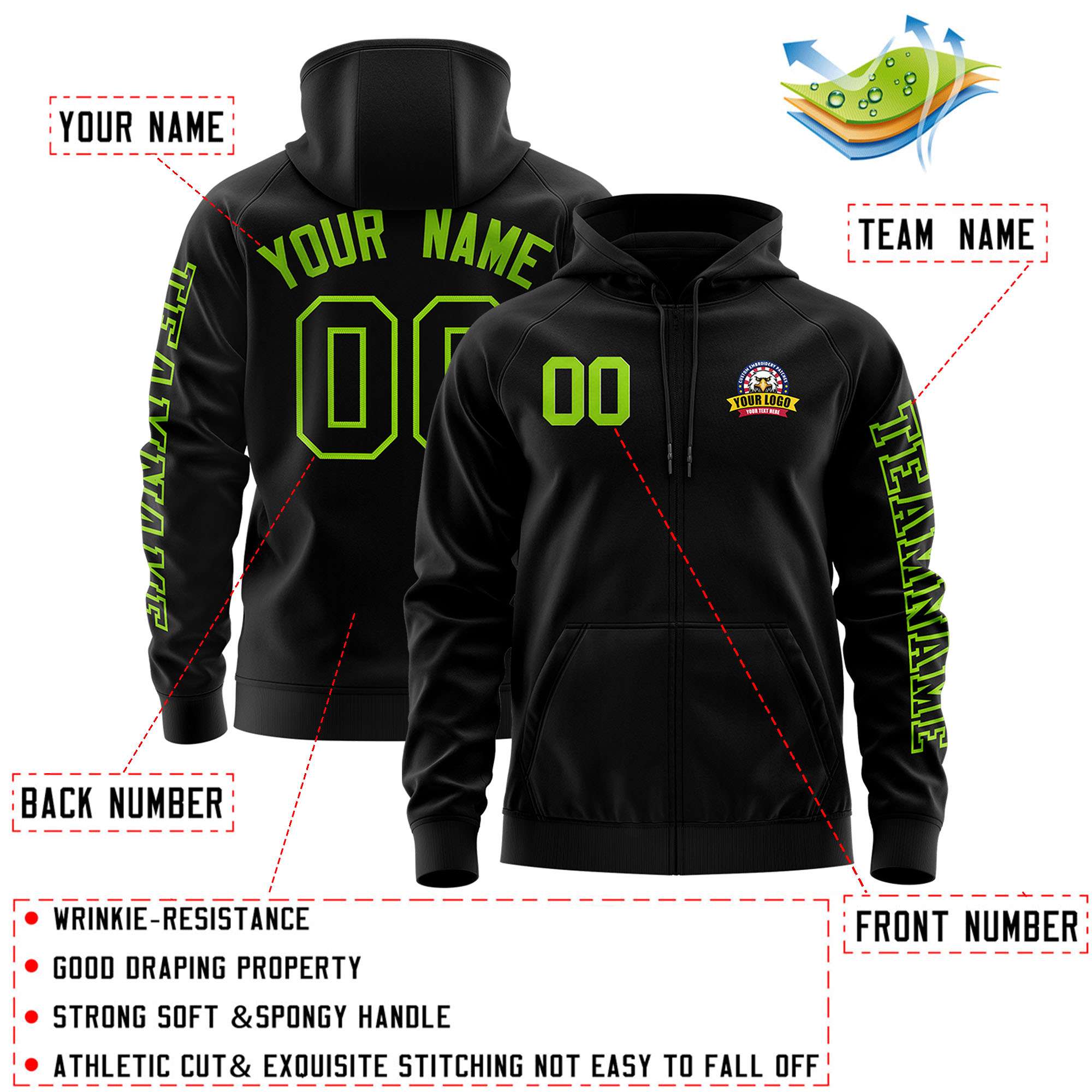 Custom Black Neon Green Varsity Full-Zip Letterman Classic Jacket Hoodie