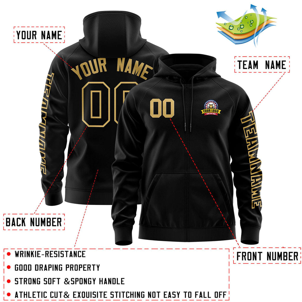 Custom Black Old Gold Varsity Full-Zip Letterman Classic Jacket Hoodie