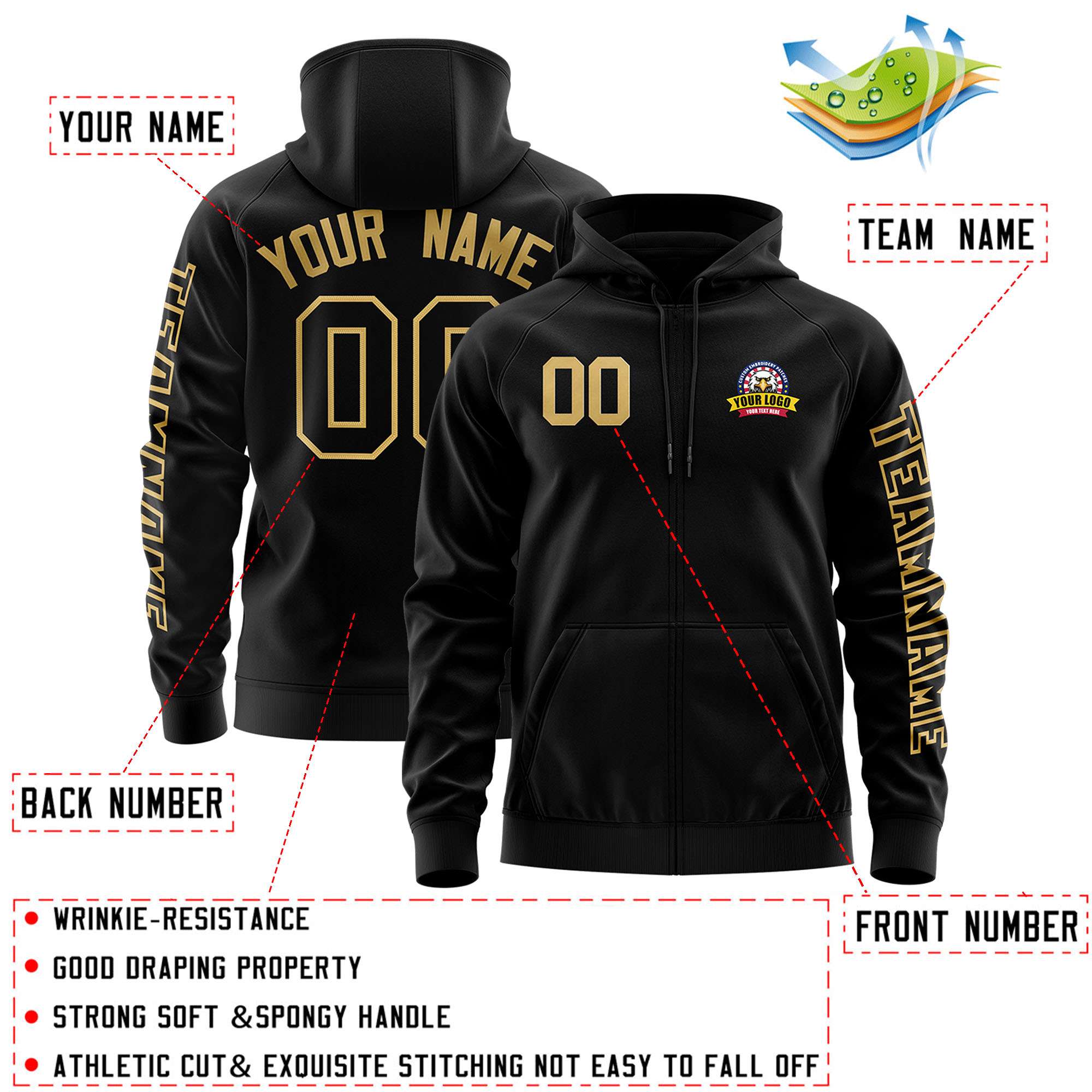 Custom Black Old Gold Varsity Full-Zip Letterman Classic Jacket Hoodie