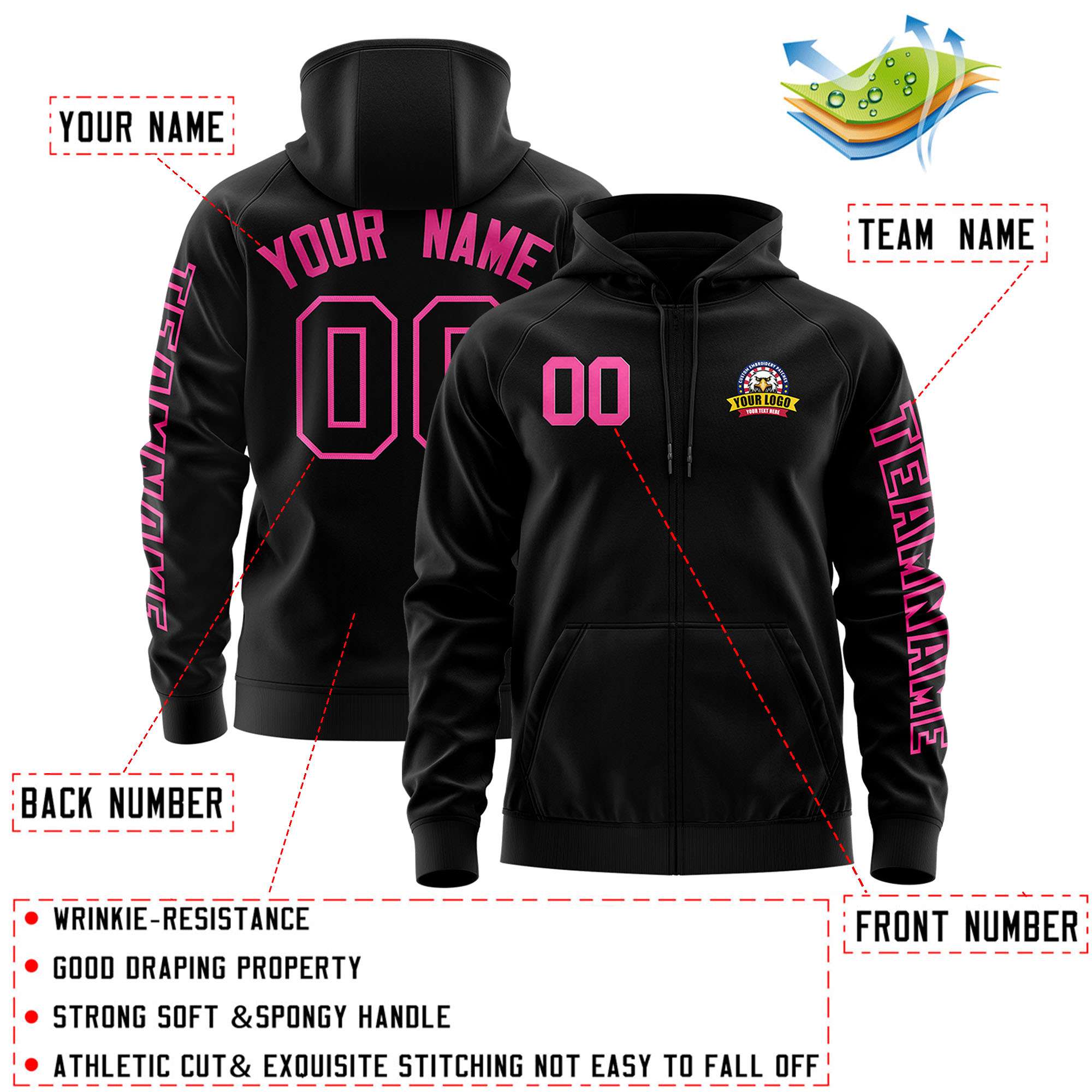 Custom Black Pink Varsity Full-Zip Letterman Classic Jacket Hoodie