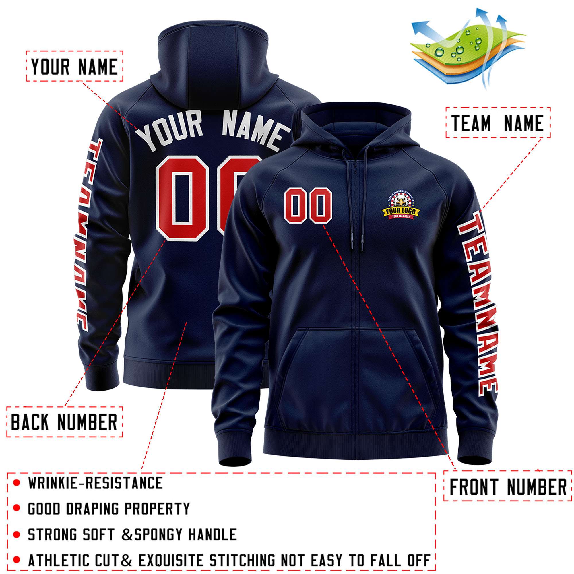 Custom Navy Red Varsity Full-Zip Letterman Classic Jacket Hoodie