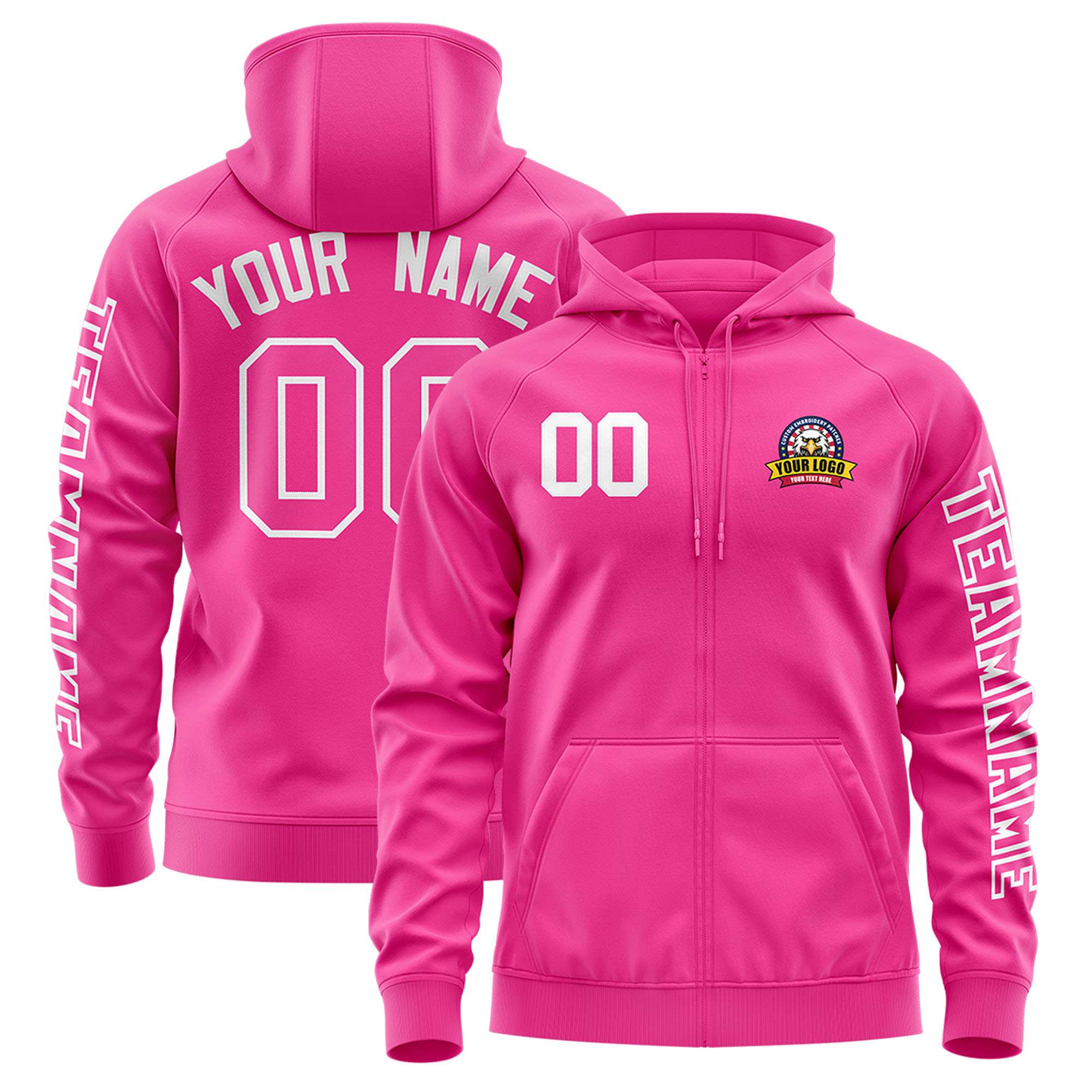 Custom Pink White Varsity Full-Zip Letterman Classic Jacket Hoodie