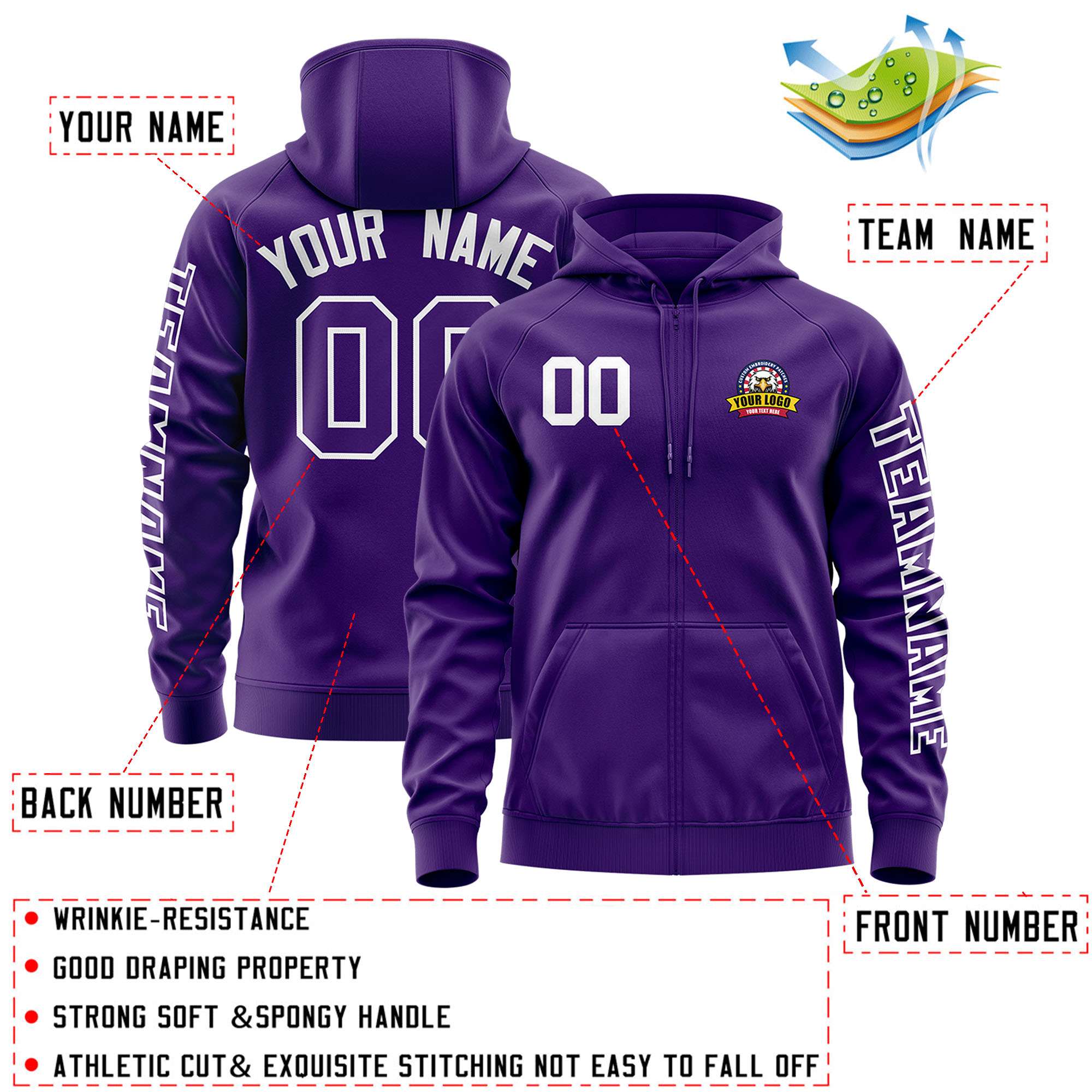 Custom Purple White Varsity Full-Zip Letterman Classic Jacket Hoodie