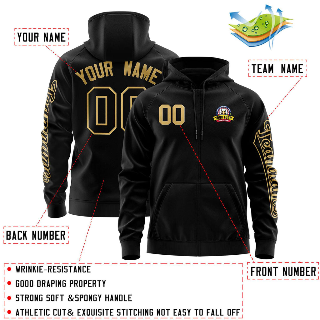 Custom Black Old Gold Varsity Full-Zip Letterman Classic Jacket Hoodie