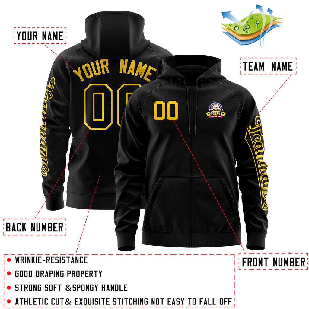 Custom Black Gold Varsity Full-Zip Letterman Classic Jacket Hoodie