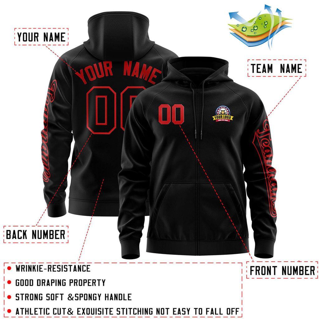 Custom Black Red Varsity Full-Zip Letterman Classic Jacket Hoodie