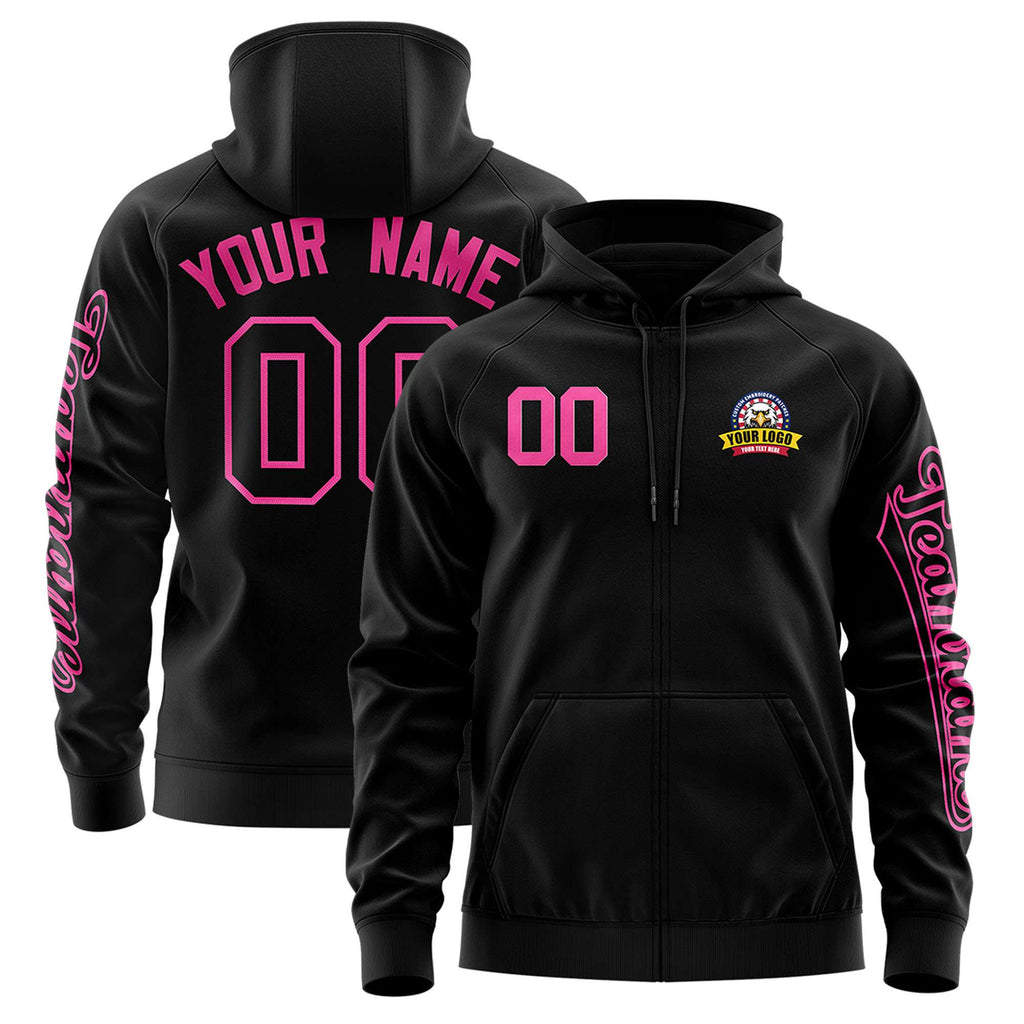 Custom Black Pink Varsity Full-Zip Letterman Classic Jacket Hoodie