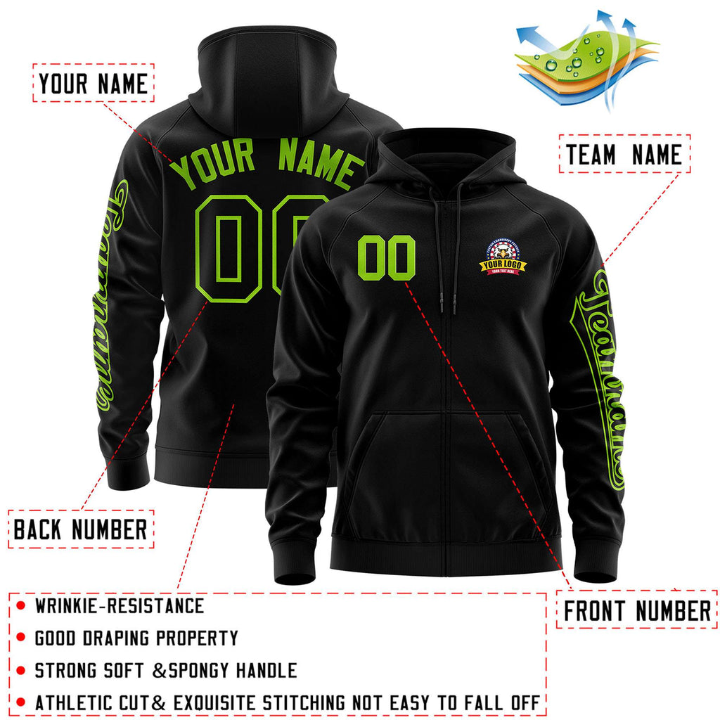 Custom Black Neon Green Varsity Full-Zip Letterman Classic Jacket Hoodie