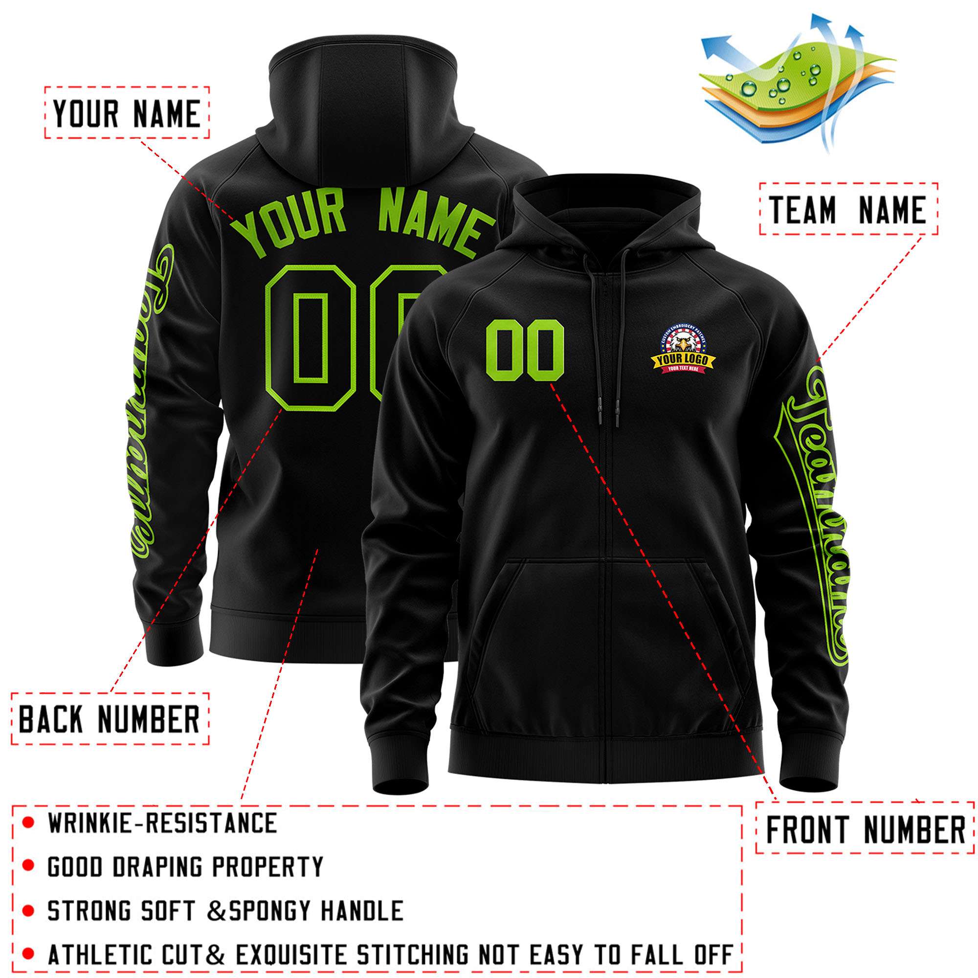 Custom Black Neon Green Varsity Full-Zip Letterman Classic Jacket Hoodie