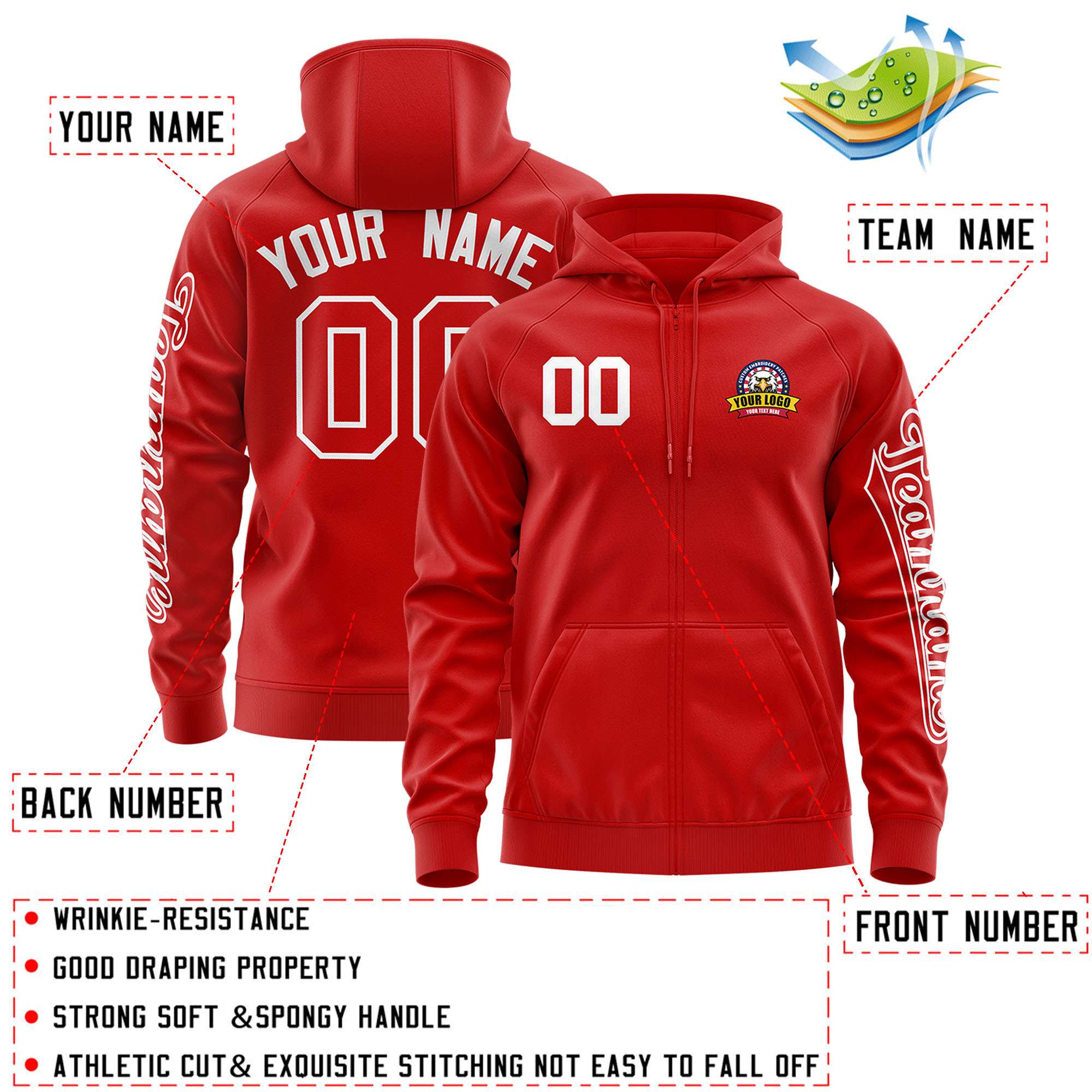 Custom Red White Varsity Full-Zip Letterman Classic Jacket Hoodie