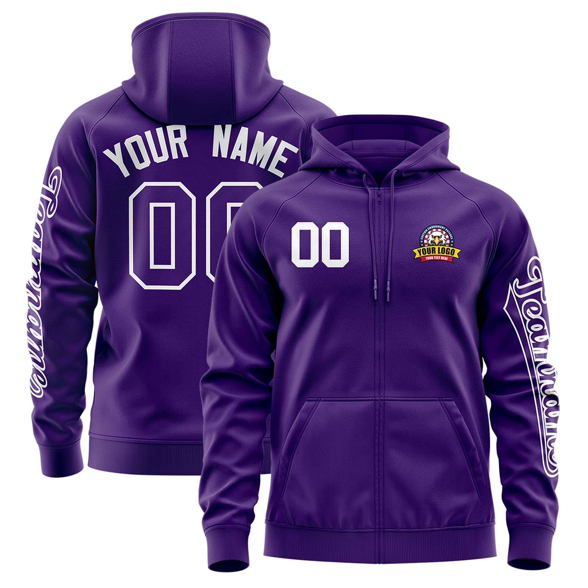 Custom Purple White Varsity Full-Zip Letterman Classic Jacket Hoodie