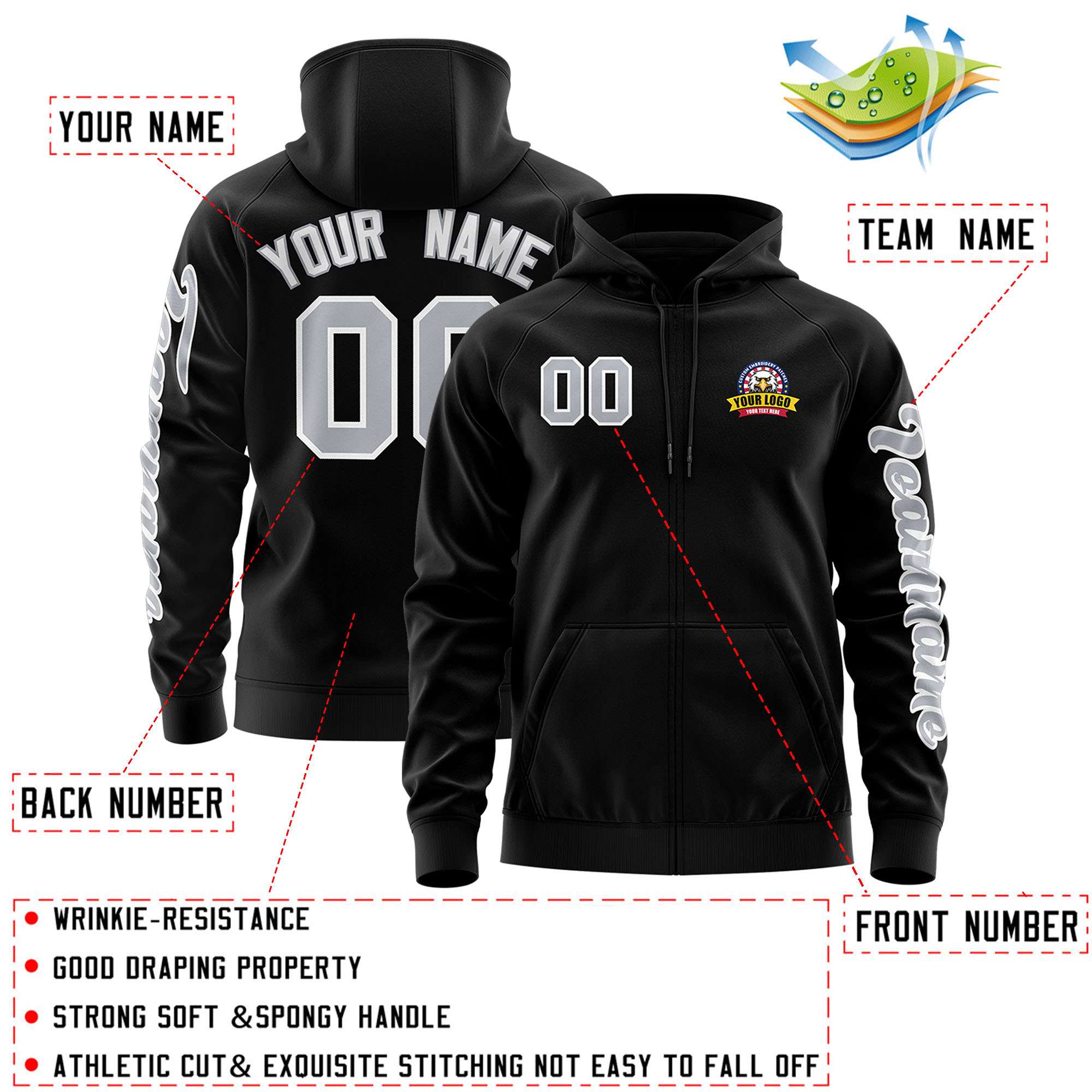 Custom Black Gray Varsity Full-Zip Letterman Classic Jacket Hoodie
