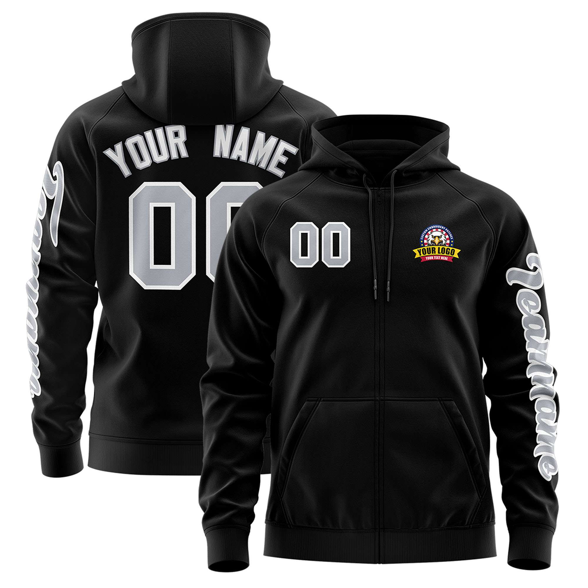Custom Black Gray Varsity Full-Zip Letterman Classic Jacket Hoodie