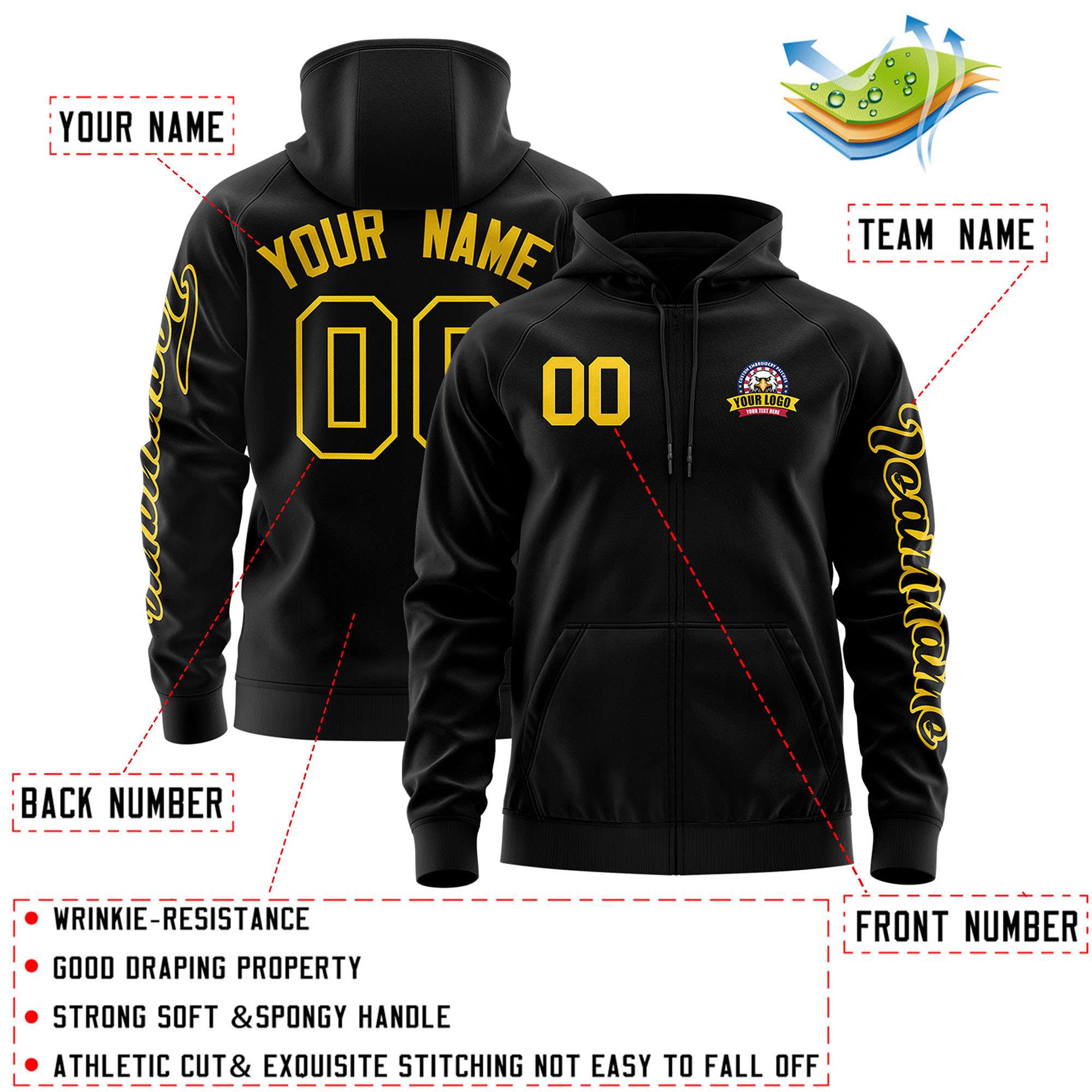 Custom Black Gold Varsity Full-Zip Letterman Classic Jacket Hoodie