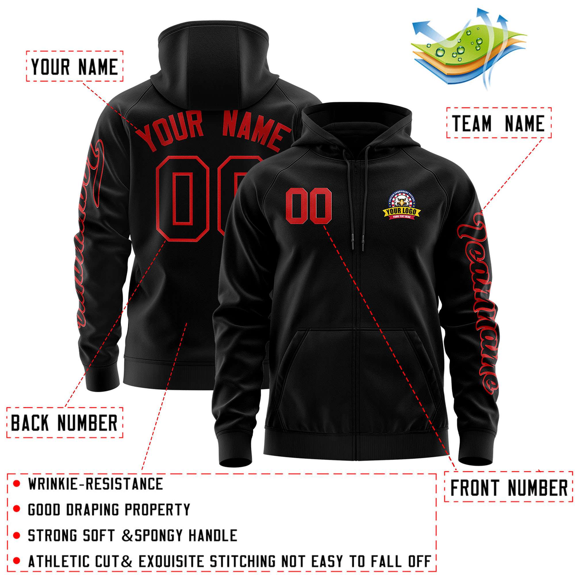 Custom Black Red Varsity Full-Zip Letterman Classic Jacket Hoodie