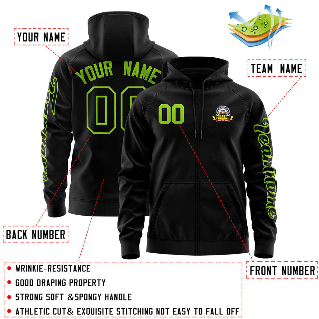 Custom Black Neon Green Varsity Full-Zip Letterman Classic Jacket Hoodie