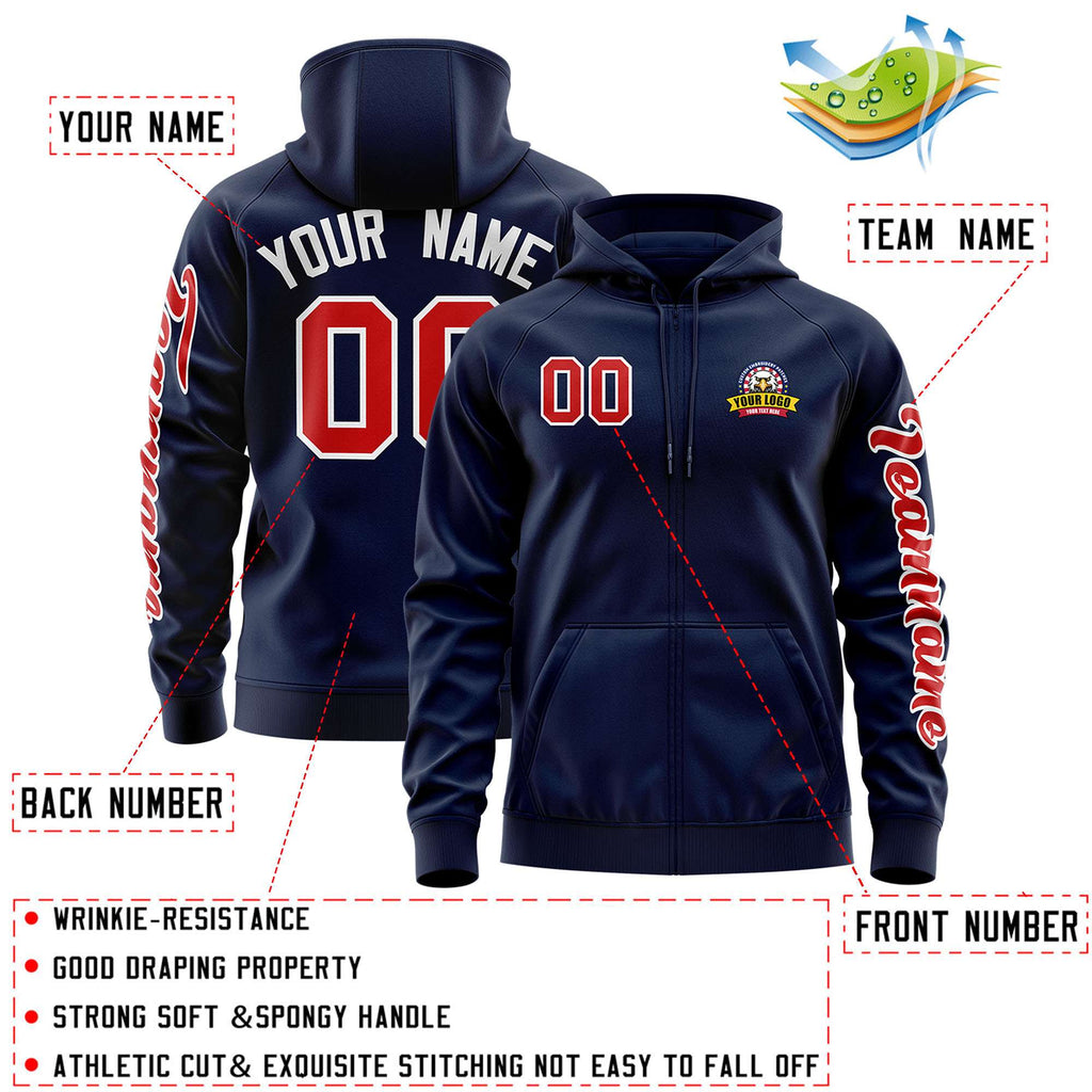 Custom Navy Red Varsity Full-Zip Letterman Classic Jacket Hoodie