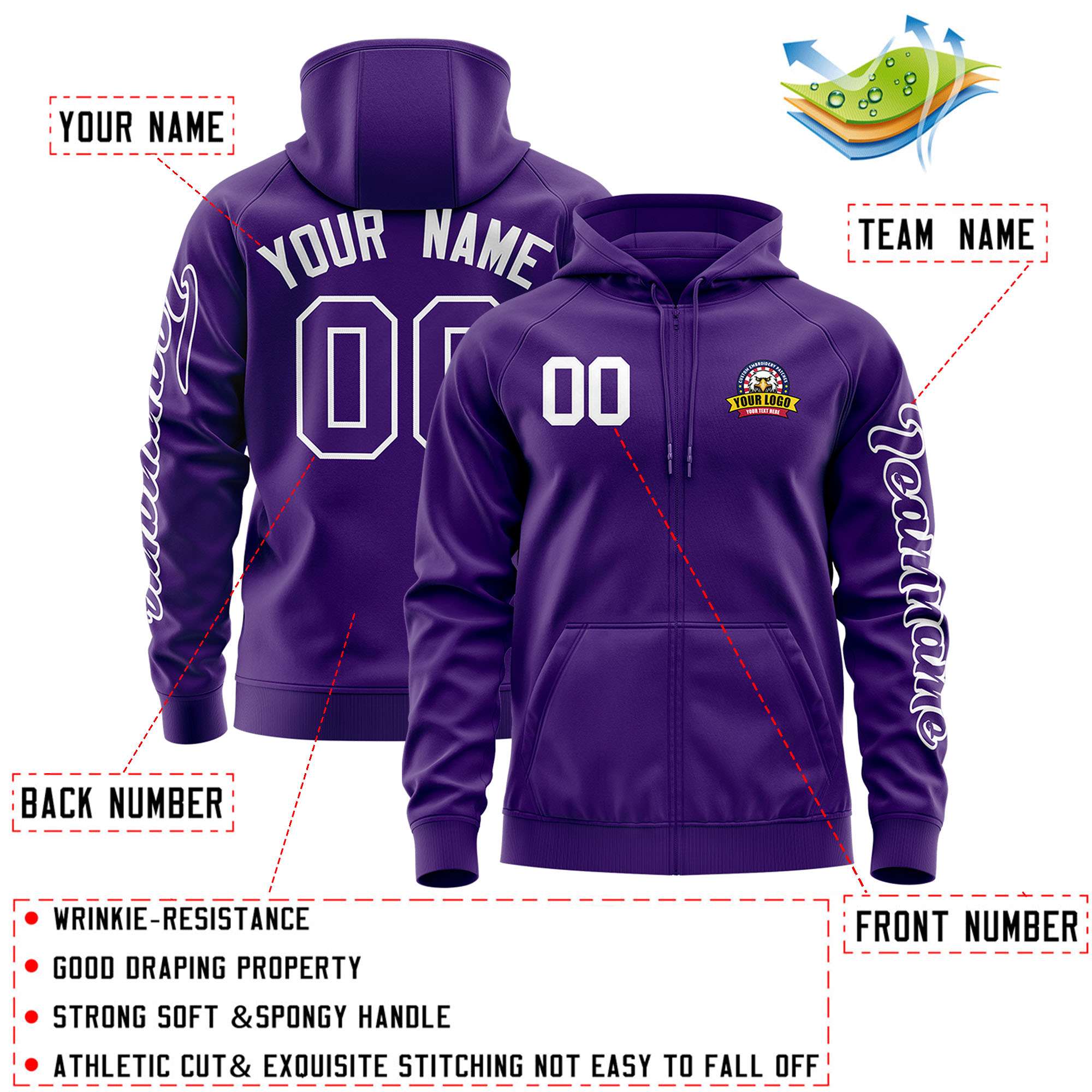 Custom Purple White Varsity Full-Zip Letterman Classic Jacket Hoodie