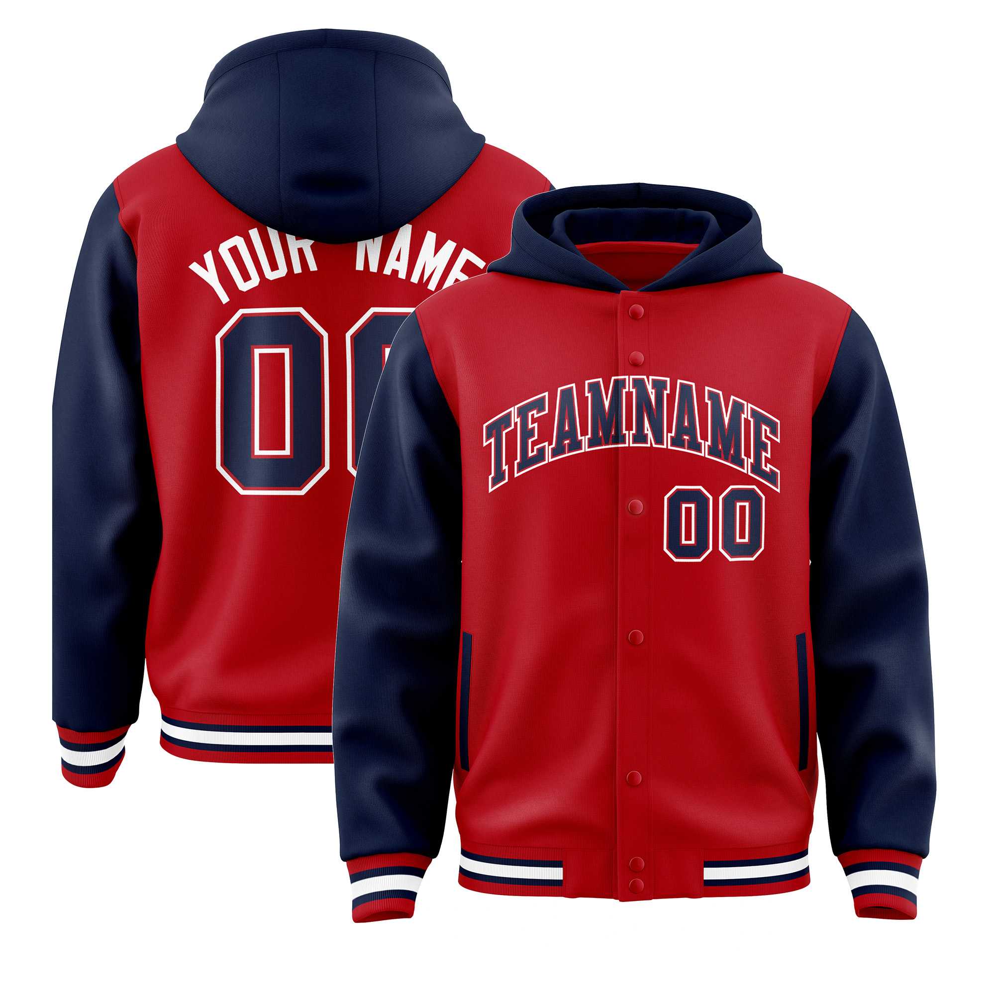 Custom Red Navy Raglan Sleeves Varsity Full-Snap Letterman Two Tone Jacket Hoodie