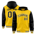 Custom Gold Black Raglan Sleeves Varsity Full-Snap Letterman Two Tone Jacket Hoodie