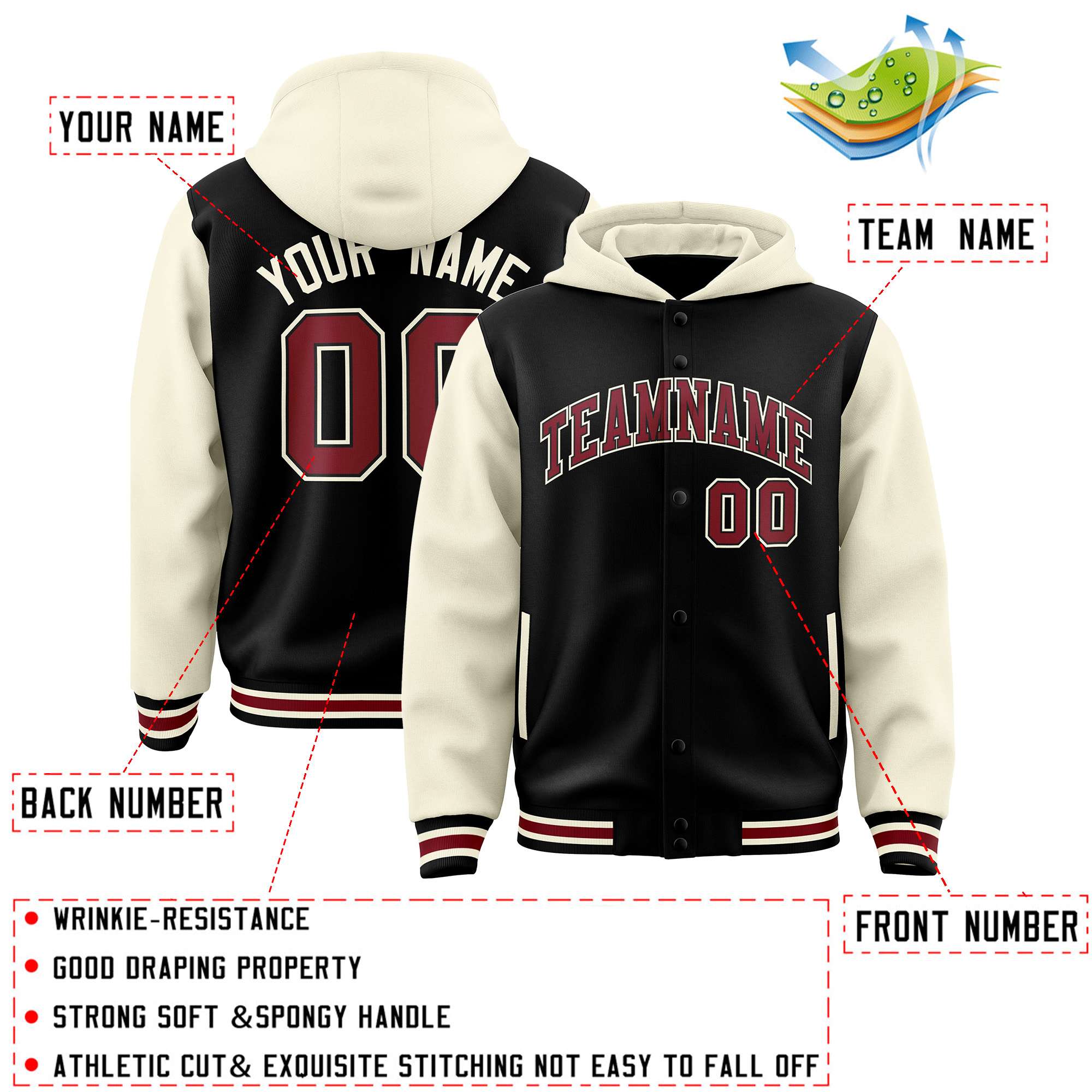 Custom Black Cream Raglan Sleeves Varsity Full-Snap Letterman Two Tone Jacket Hoodie