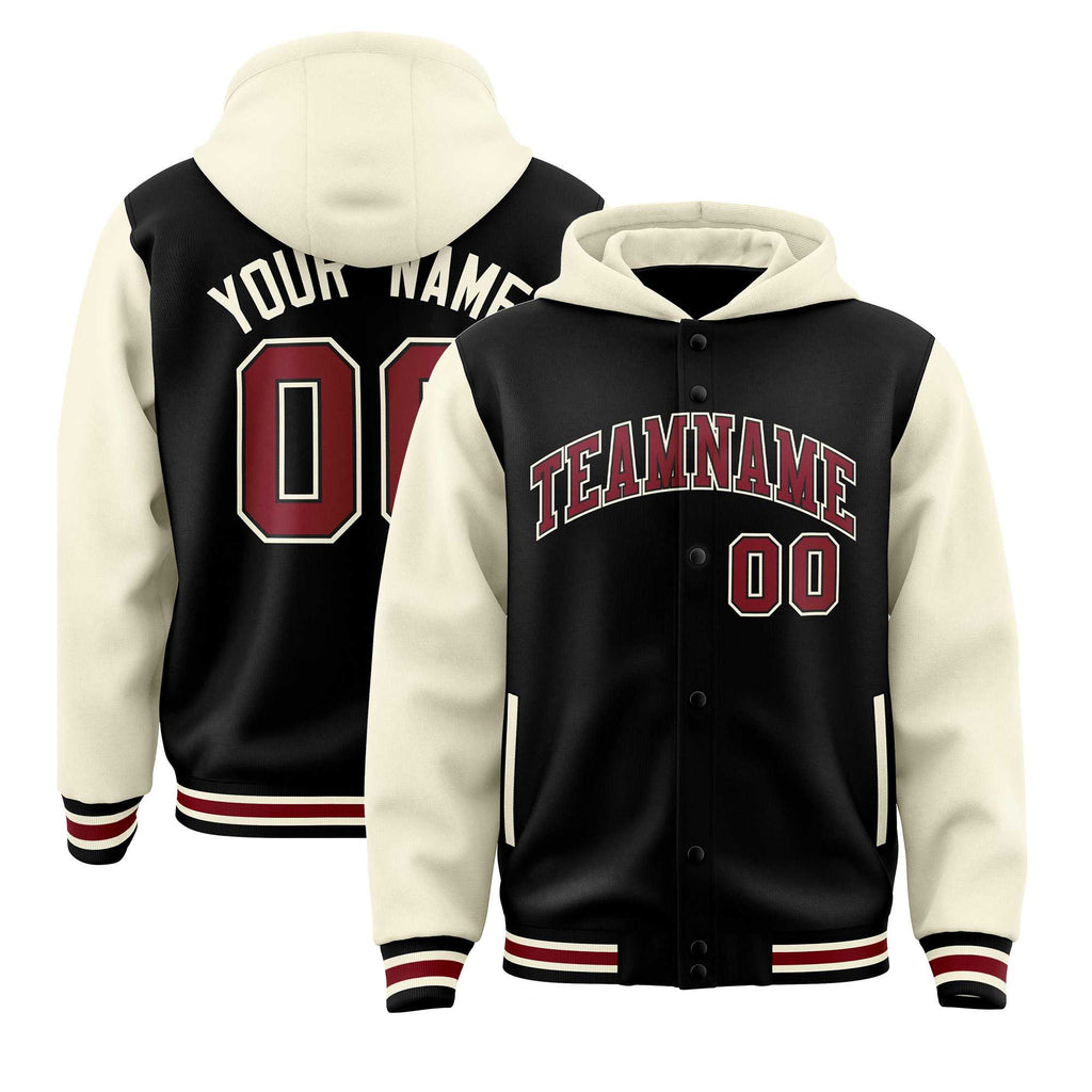 Custom Black Cream Raglan Sleeves Varsity Full-Snap Letterman Two Tone Jacket Hoodie