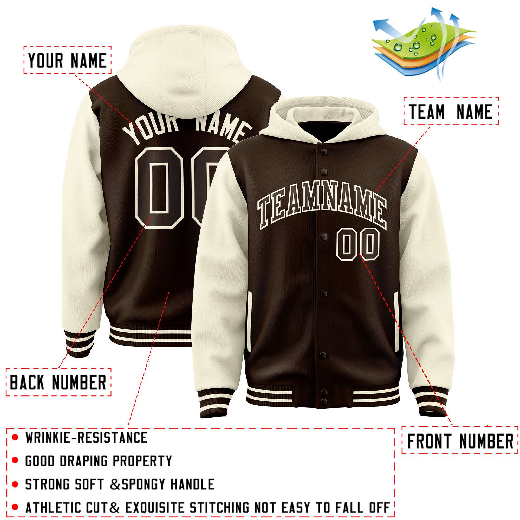 Custom Brown Cream Raglan Sleeves Varsity Full-Snap Letterman Two Tone Jacket Hoodie