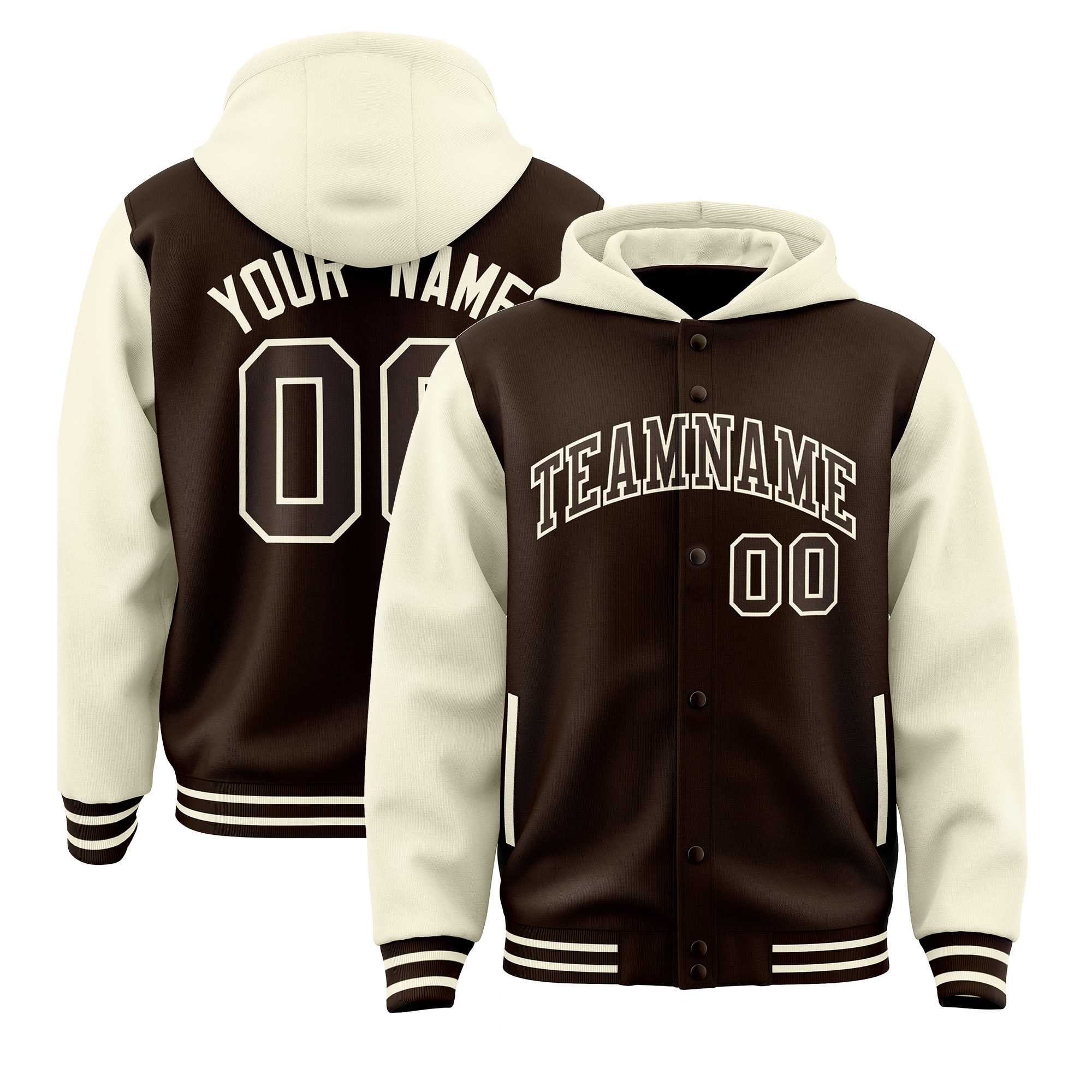 Custom Brown Cream Raglan Sleeves Varsity Full-Snap Letterman Two Tone Jacket Hoodie