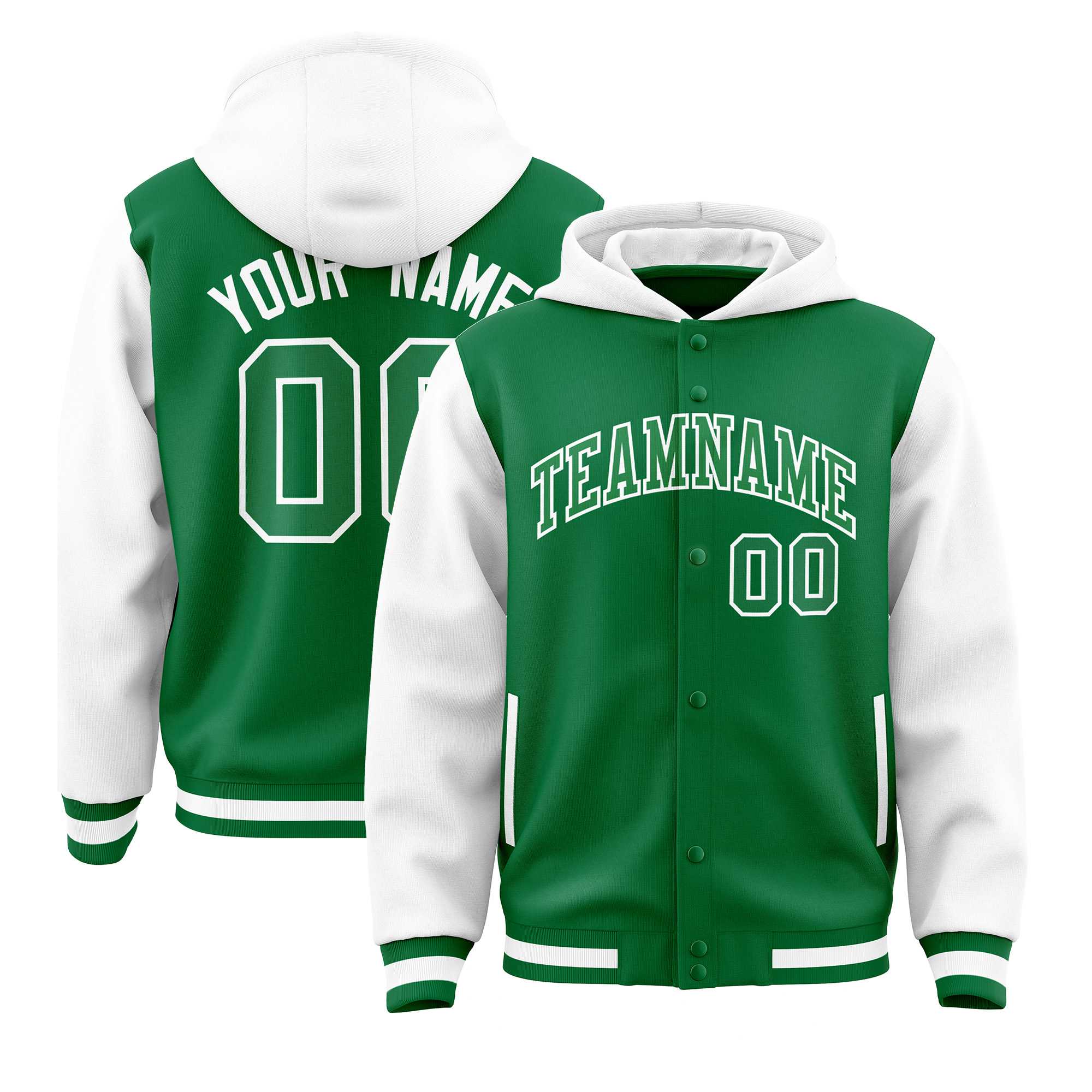 Custom Kelly Green White Raglan Sleeves Varsity Full-Snap Letterman Two Tone Jacket Hoodie