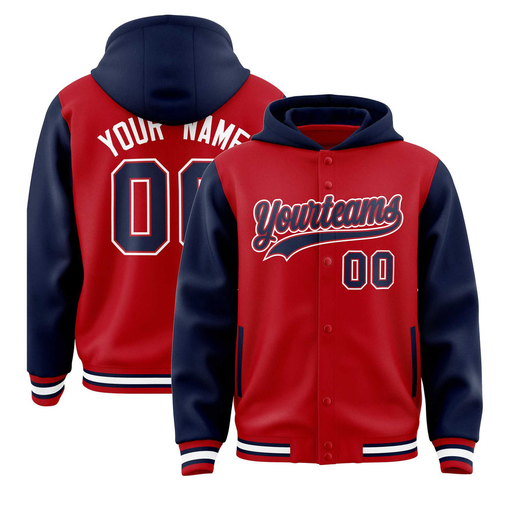 Custom Red Navy Raglan Sleeves Varsity Full-Snap Letterman Two Tone Jacket Hoodie