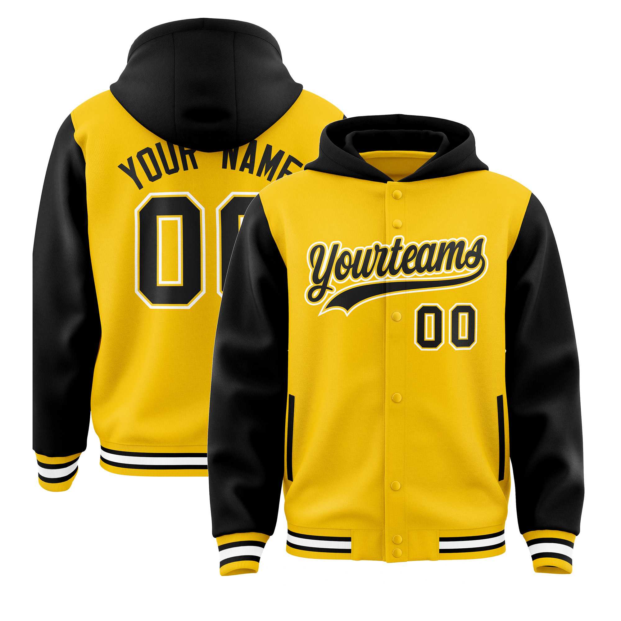 Custom Gold Black Raglan Sleeves Varsity Full-Snap Letterman Two Tone Jacket Hoodie