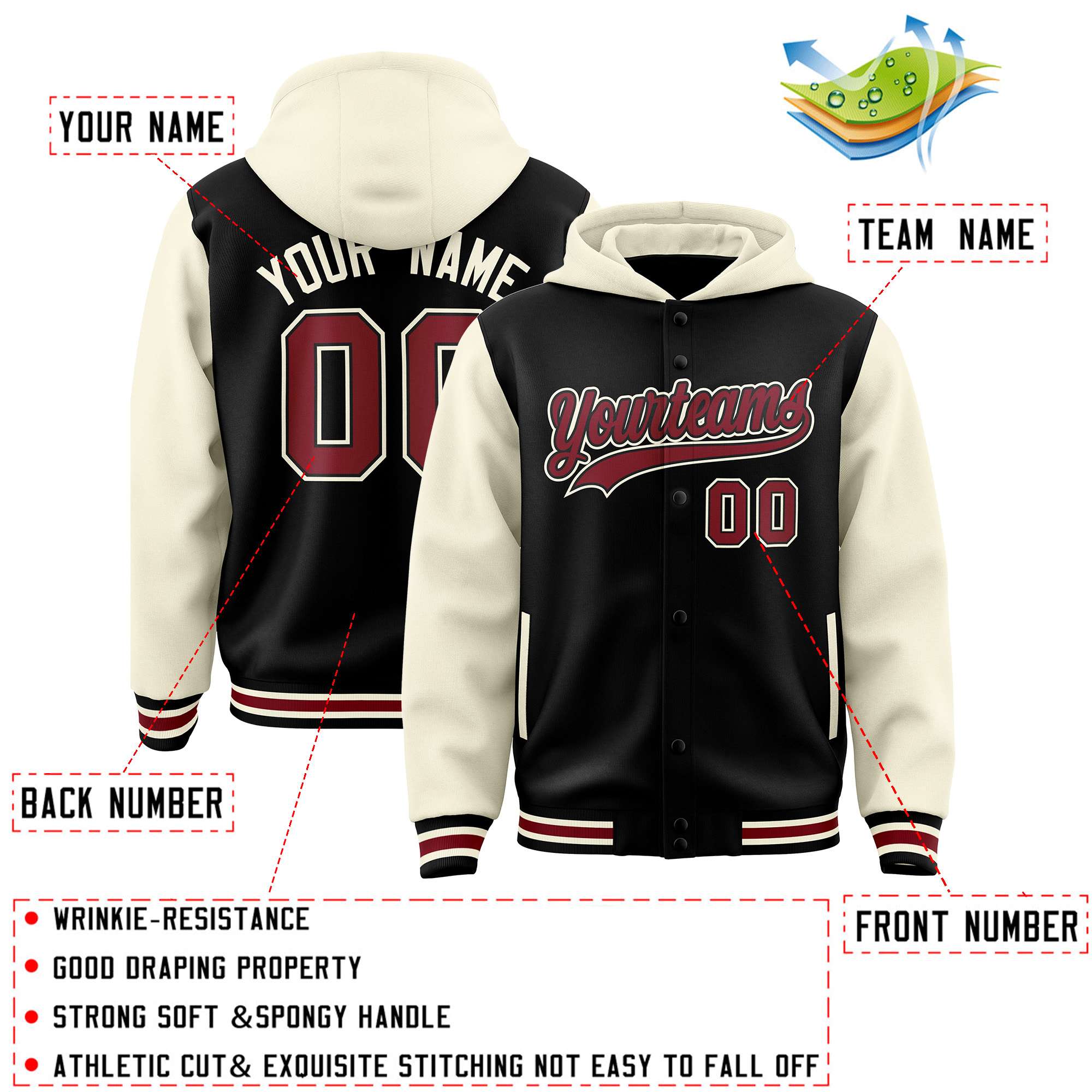 Custom Black Cream Raglan Sleeves Varsity Full-Snap Letterman Two Tone Jacket Hoodie