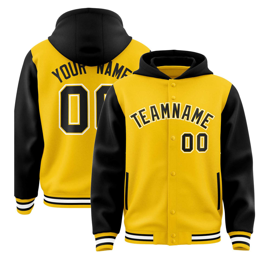 Custom Gold Black Raglan Sleeves Varsity Full-Snap Letterman Two Tone Jacket Hoodie