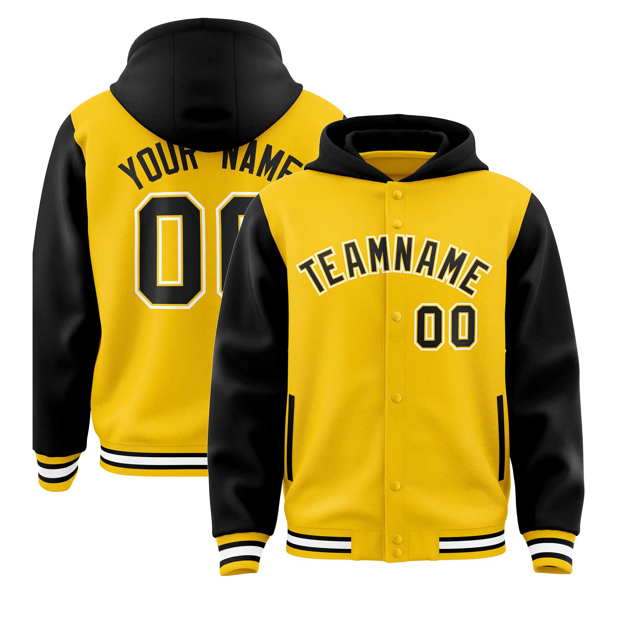 Custom Gold Black Raglan Sleeves Varsity Full-Snap Letterman Two Tone Jacket Hoodie